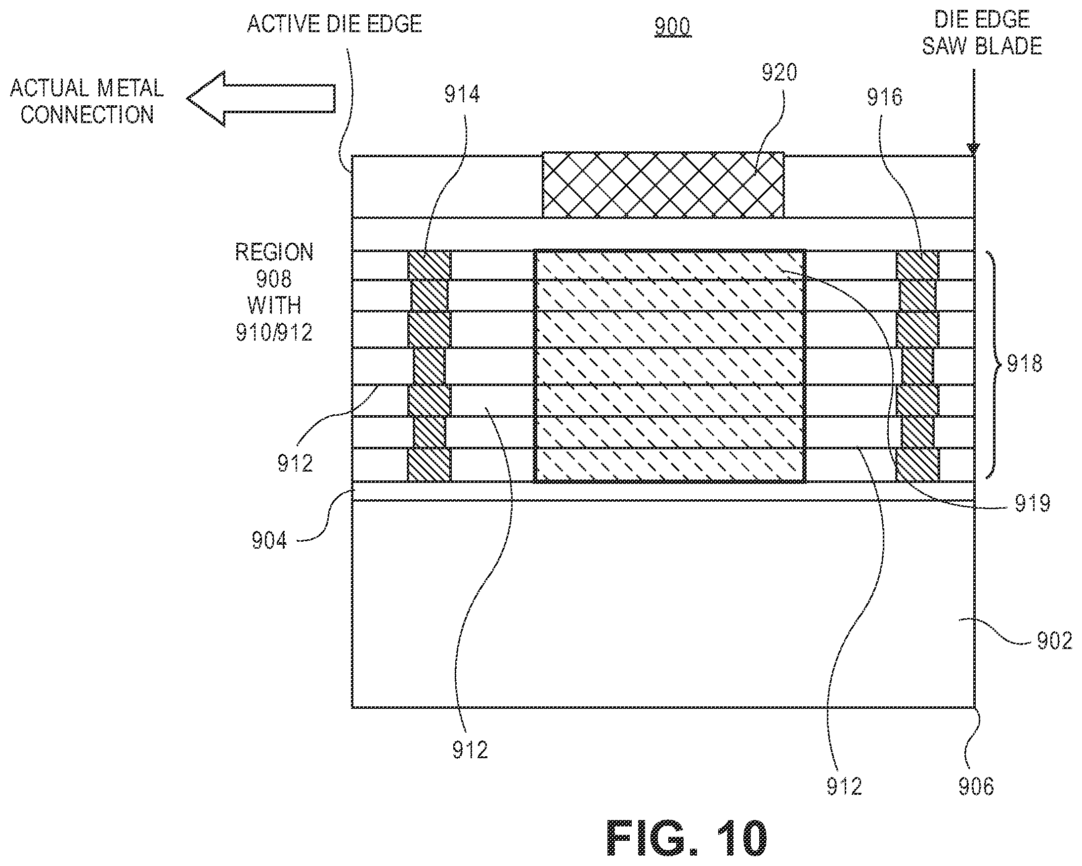 Patent US12142553 Figure 10 – Guard ring design enabling in-line testing of silicon bridges for semiconductor packages