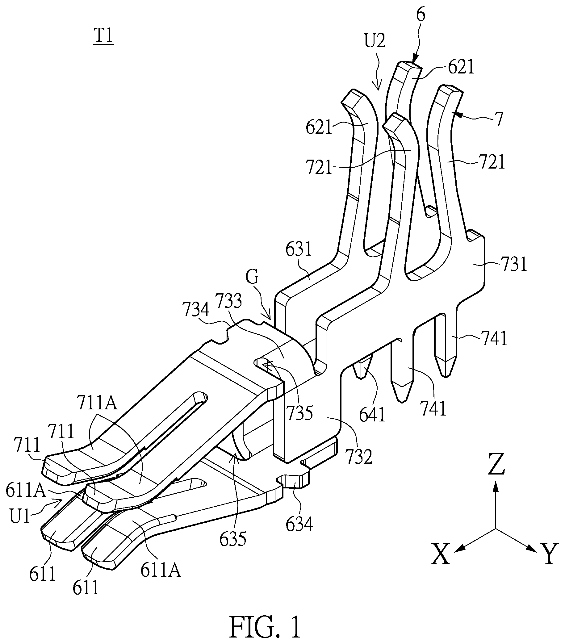Patent US12142862 Figure 1 – Connector with a shunt structure and connector assembly with the same