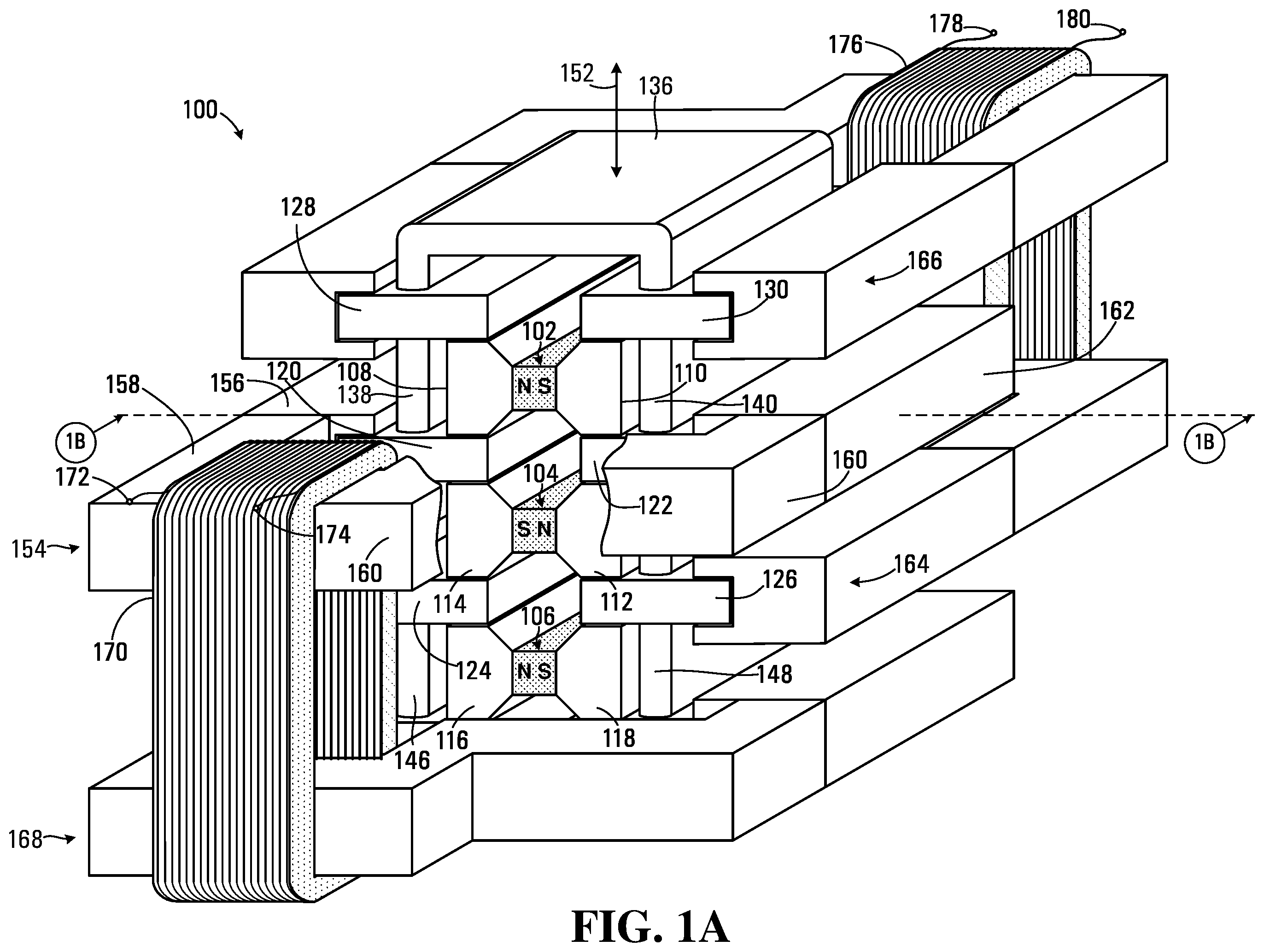 Patent US12142984 Figure 1 – Transducer apparatus having magnetic flux generators with pole pieces, reciprocators and closing pieces for channeling magnetic flux