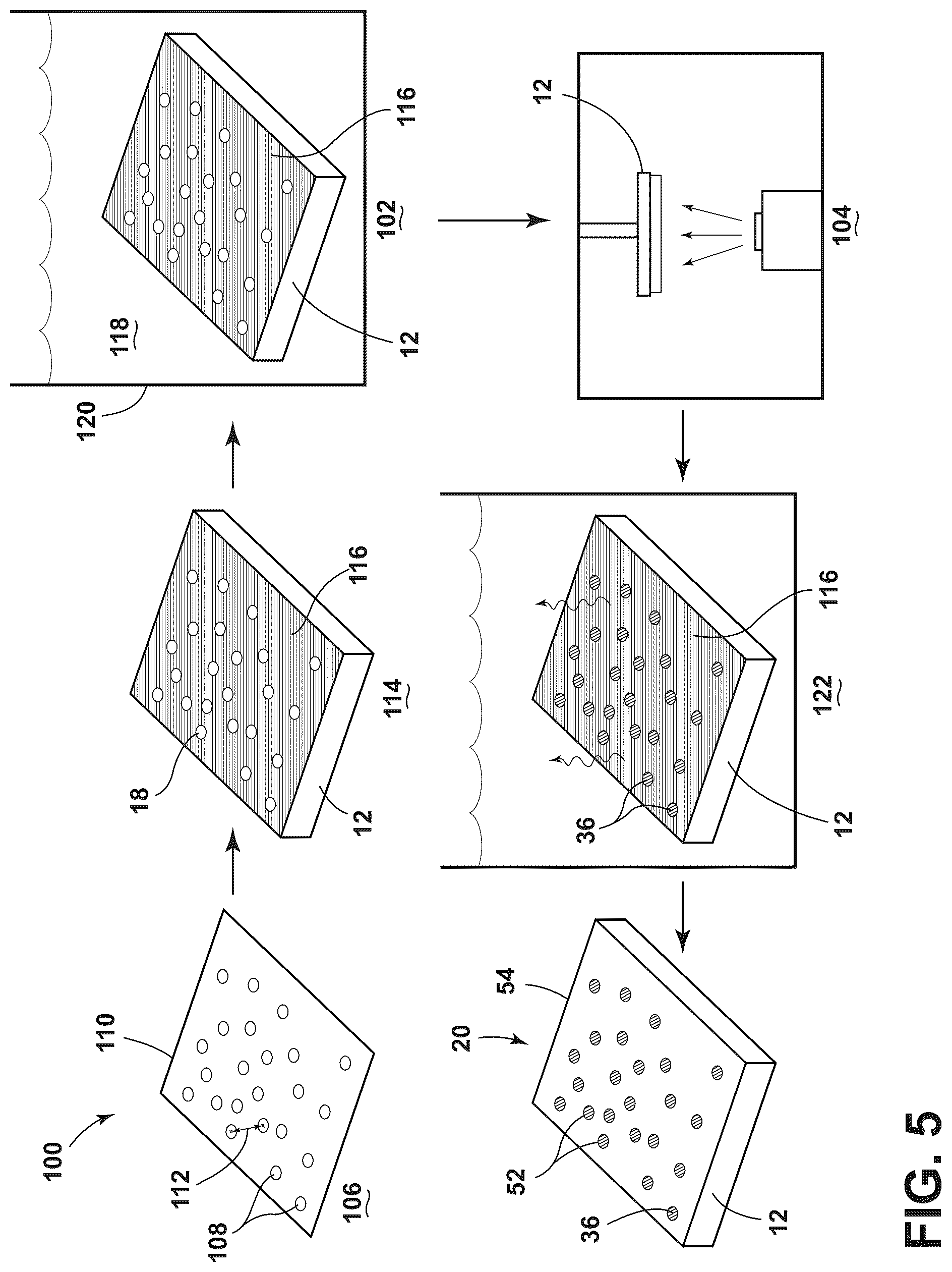 Patent US12147009 Figure 5 – Textured region to reduce specular reflectance including a low refractive index substrate with higher elevated surfaces and lower elevated surfaces and a high refractive index material disposed on the lower elevated surfaces