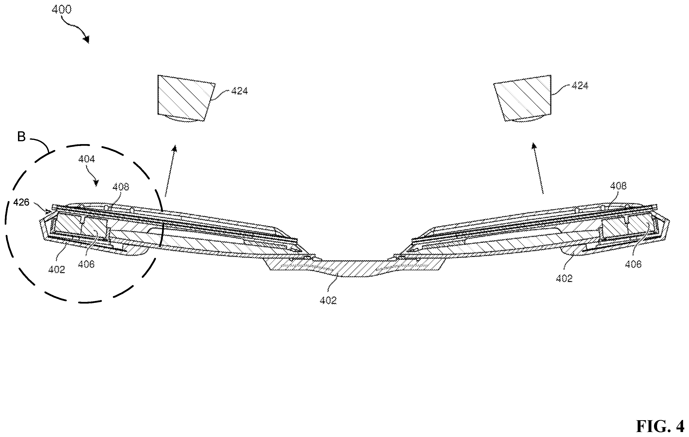 Patent US12147047 Figure 4 – Methods, apparatuses and computer program products for providing transmission chirped volume bragg grating based compact waveguide in-couplers for light sources