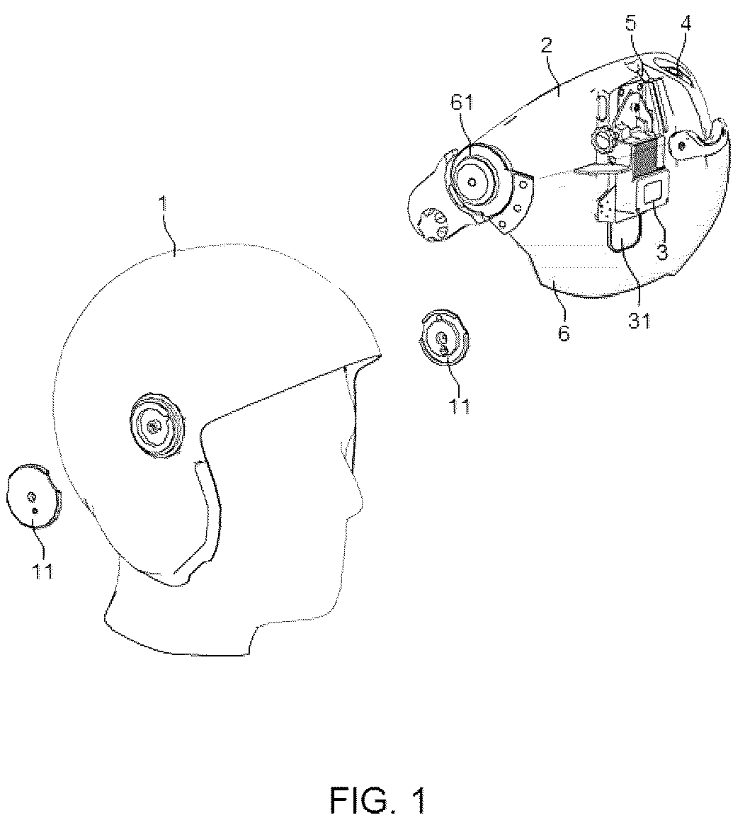 Patent US12147051 Figure 1 – Helmet-mounted display system comprising a helmet-mounted display and a movable visor compatible with the use of binoculars