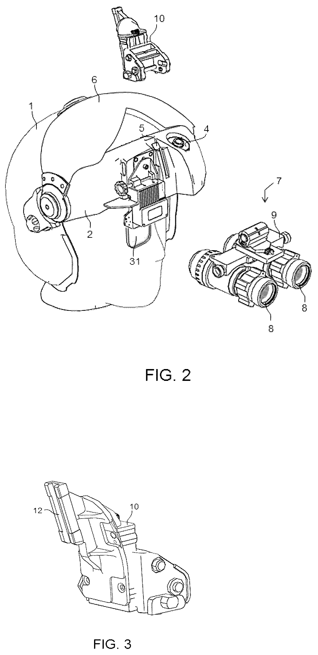 Patent US12147051 Figure 2 – Helmet-mounted display system comprising a helmet-mounted display and a movable visor compatible with the use of binoculars