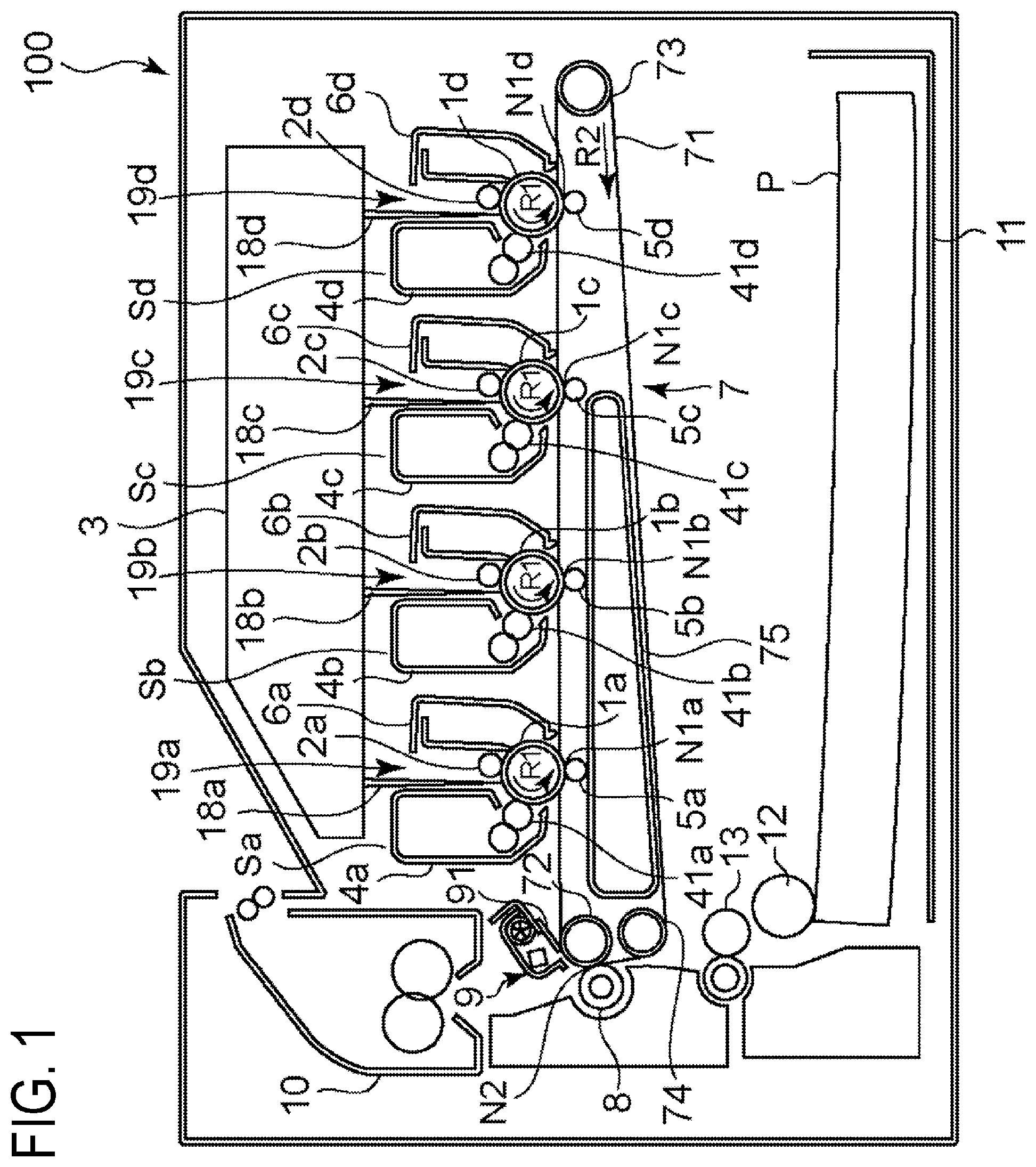 Patent US12147173 — Transfer unit, image forming apparatus, and method for manufacturing transfer unit, with end seal member abutting against cleaning blade and intermediate transfer belt that abut against each other — Figure 1