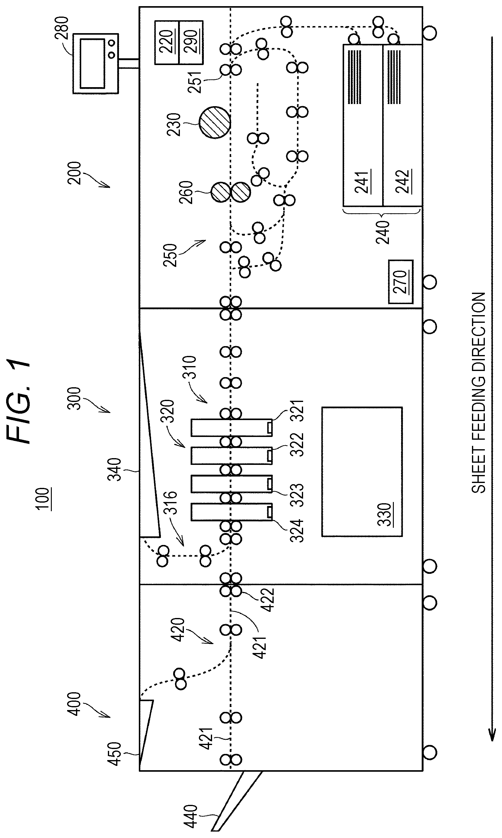 Patent US12147185 Figure 1 – Image forming system including cutting processor that cuts sheets in accordance with different conditions