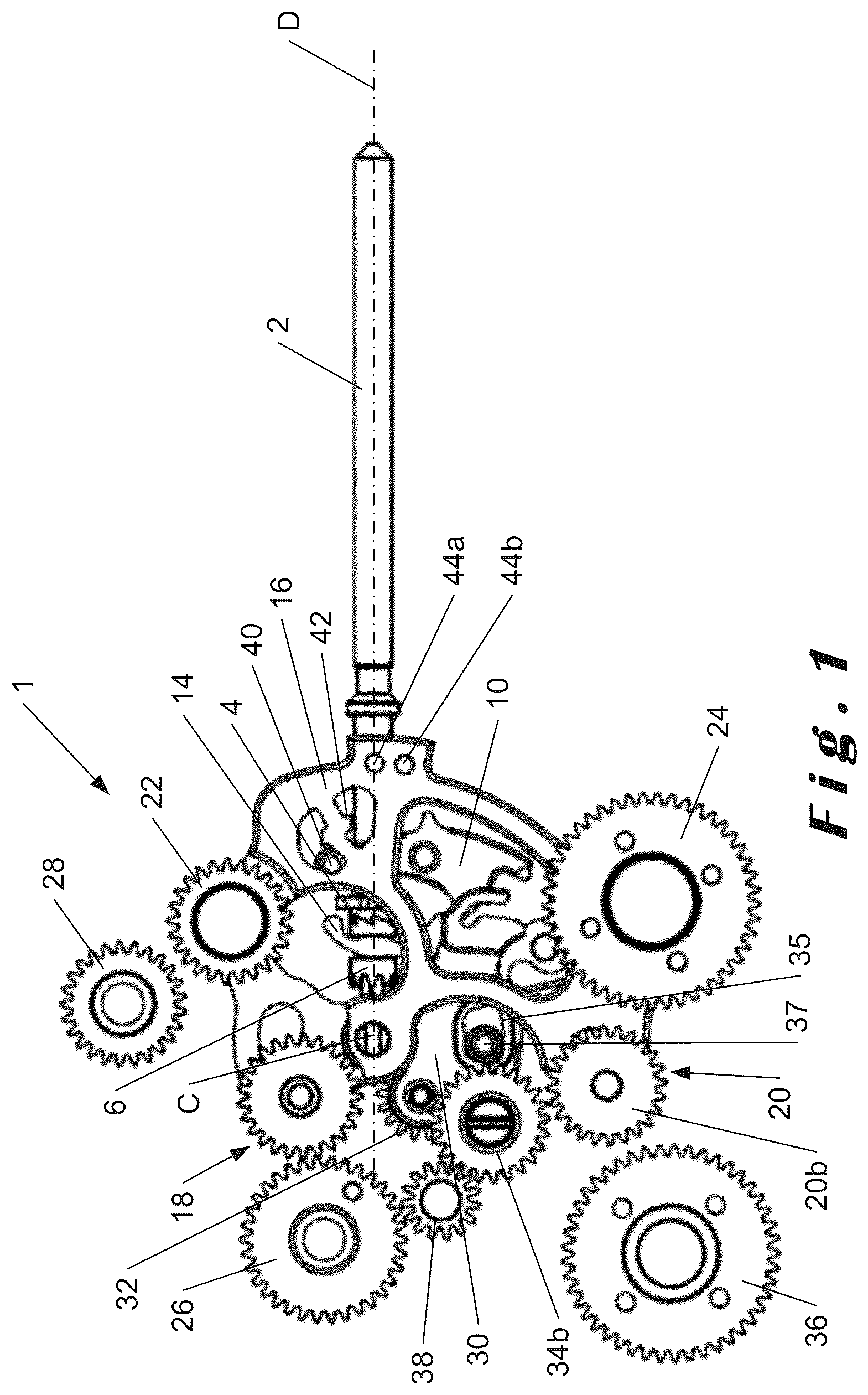 Patent US12147196 Figure 1 – Selection and actuation device for a plurality of functions of a watch movement
