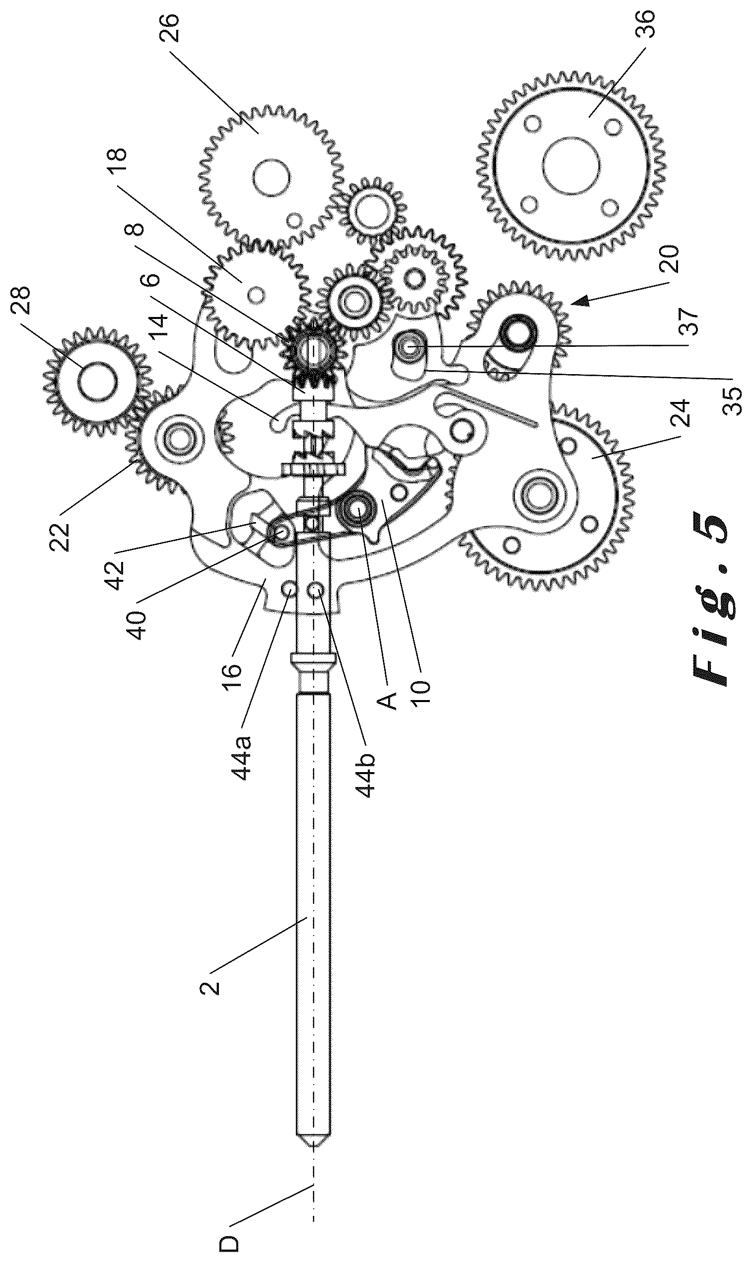 Patent US12147196 Figure 5 – Selection and actuation device for a plurality of functions of a watch movement