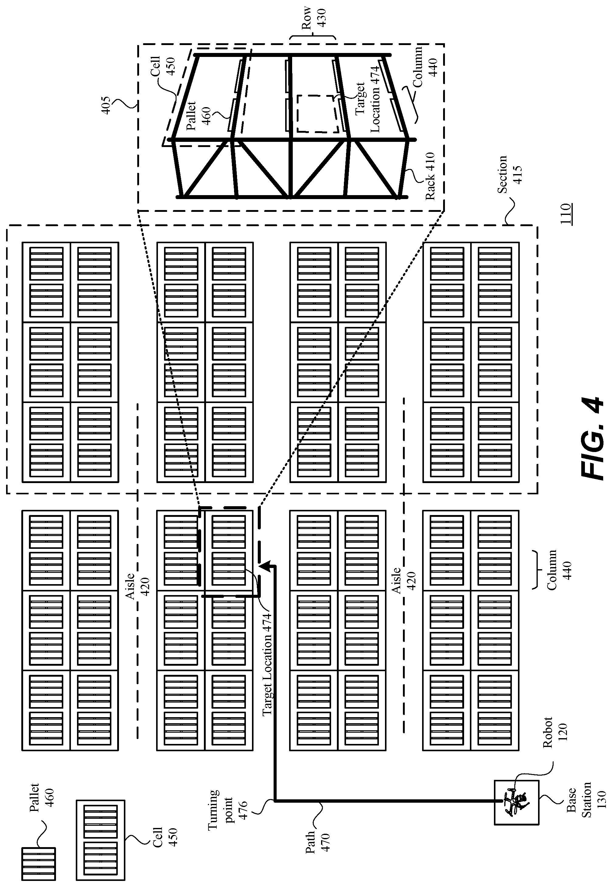 Patent US12147244 Figure 4 – Autonomous robotic navigation in storage site