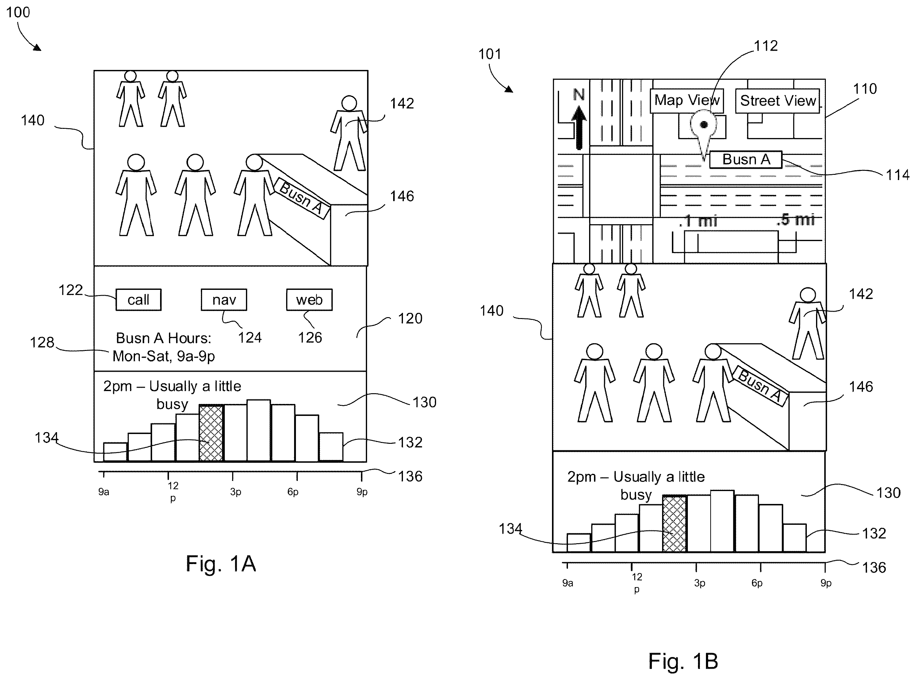 Patent US12147486 — System and method for representing busyness using content specific to a place — Figure 1