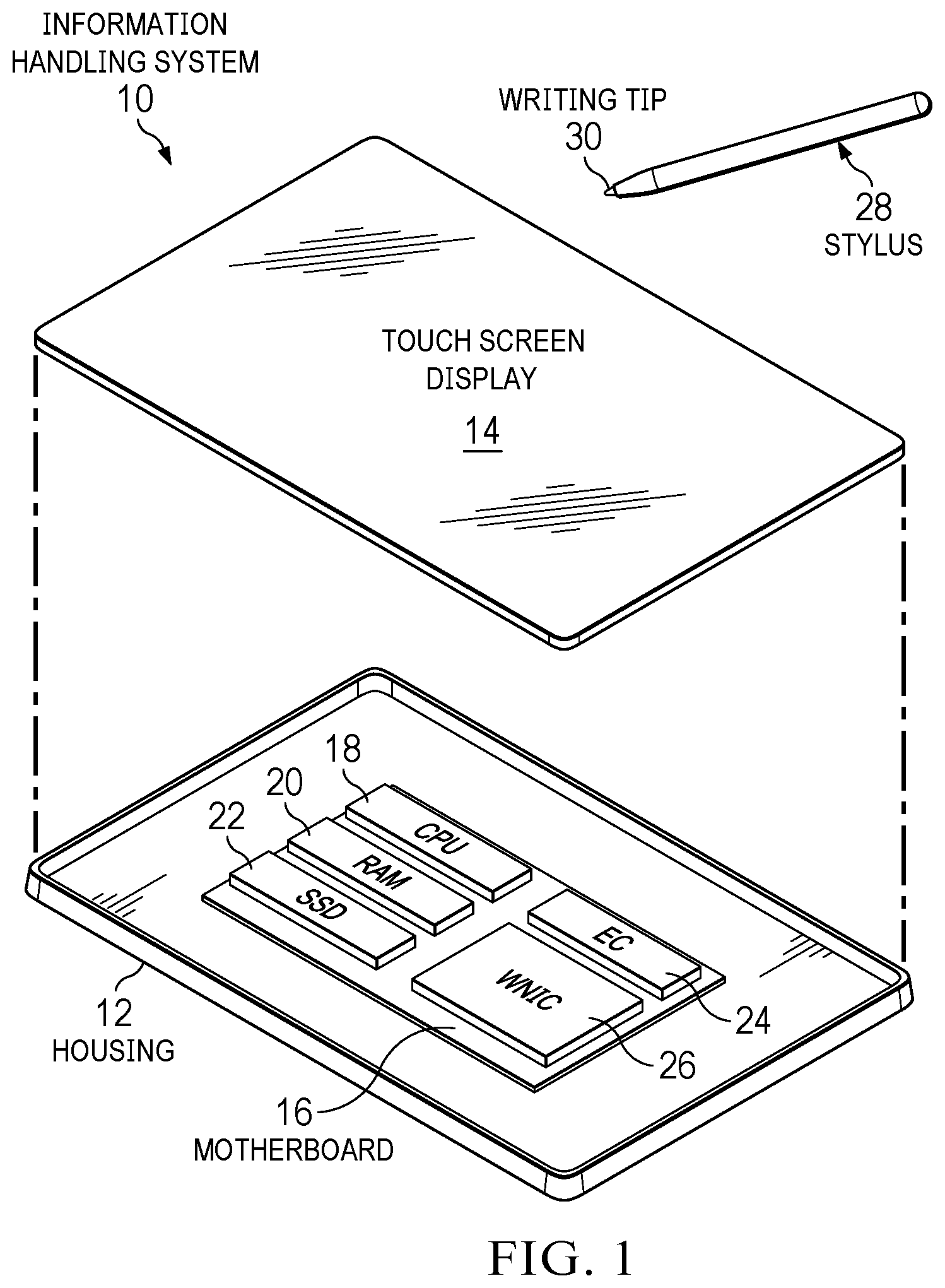 Patent US12147615 Figure 1 – Information handling system stylus body with flexible button actuator