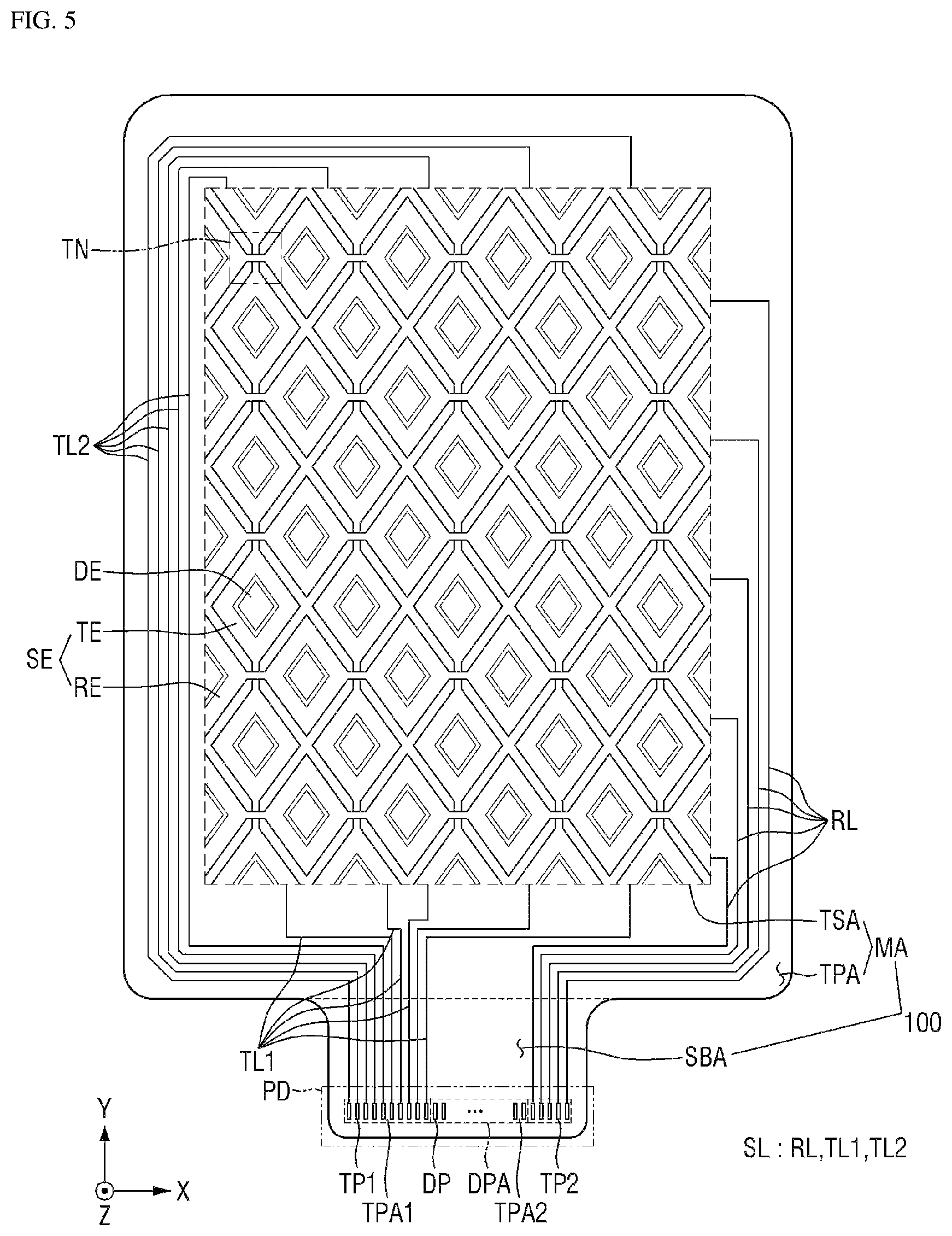 Patent US12147628 Figure 5 – Display device and touch sensing system including the same