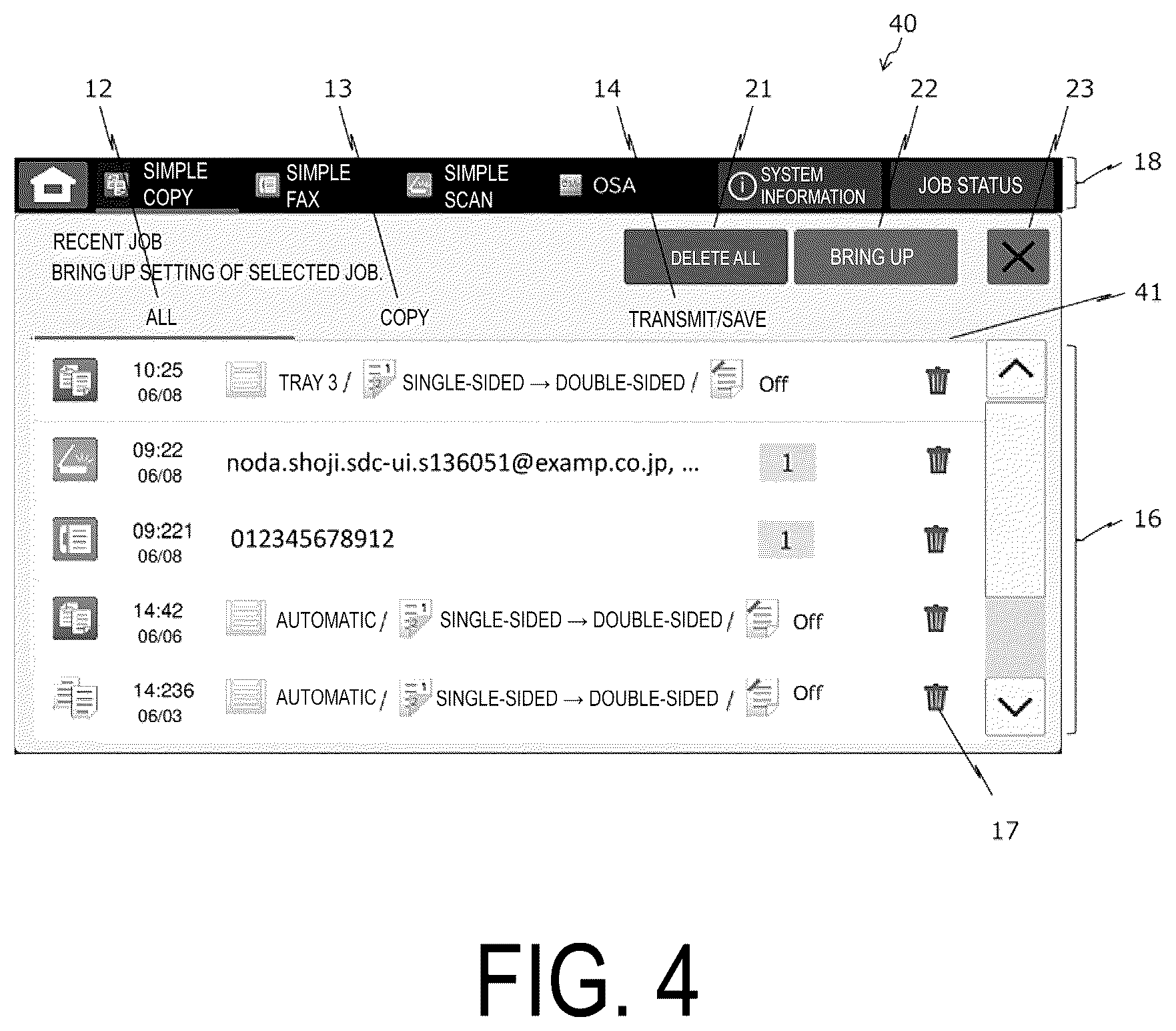 Patent US12147722 Figure 4 – Image processing apparatus and method for bringing up job history