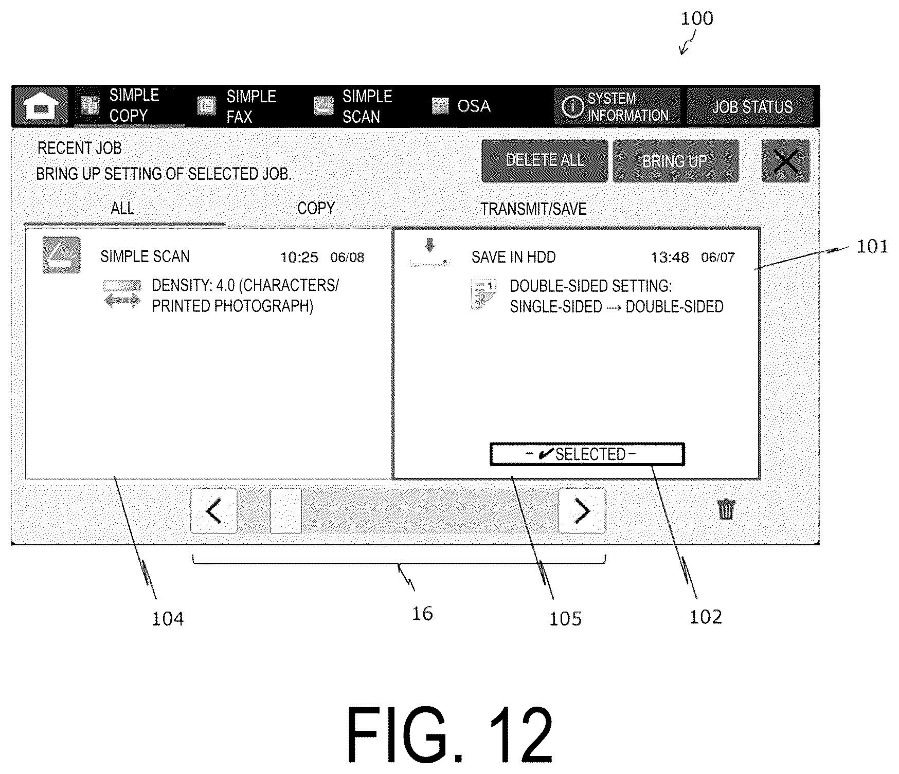 Patent US12147722 Figure 12 – Image processing apparatus and method for bringing up job history