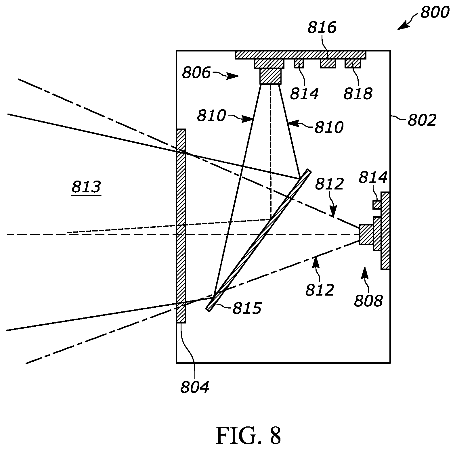 Patent US12147869 Figure 8 – Indicia readers with multiple imaging assemblies and dichroic mirrors