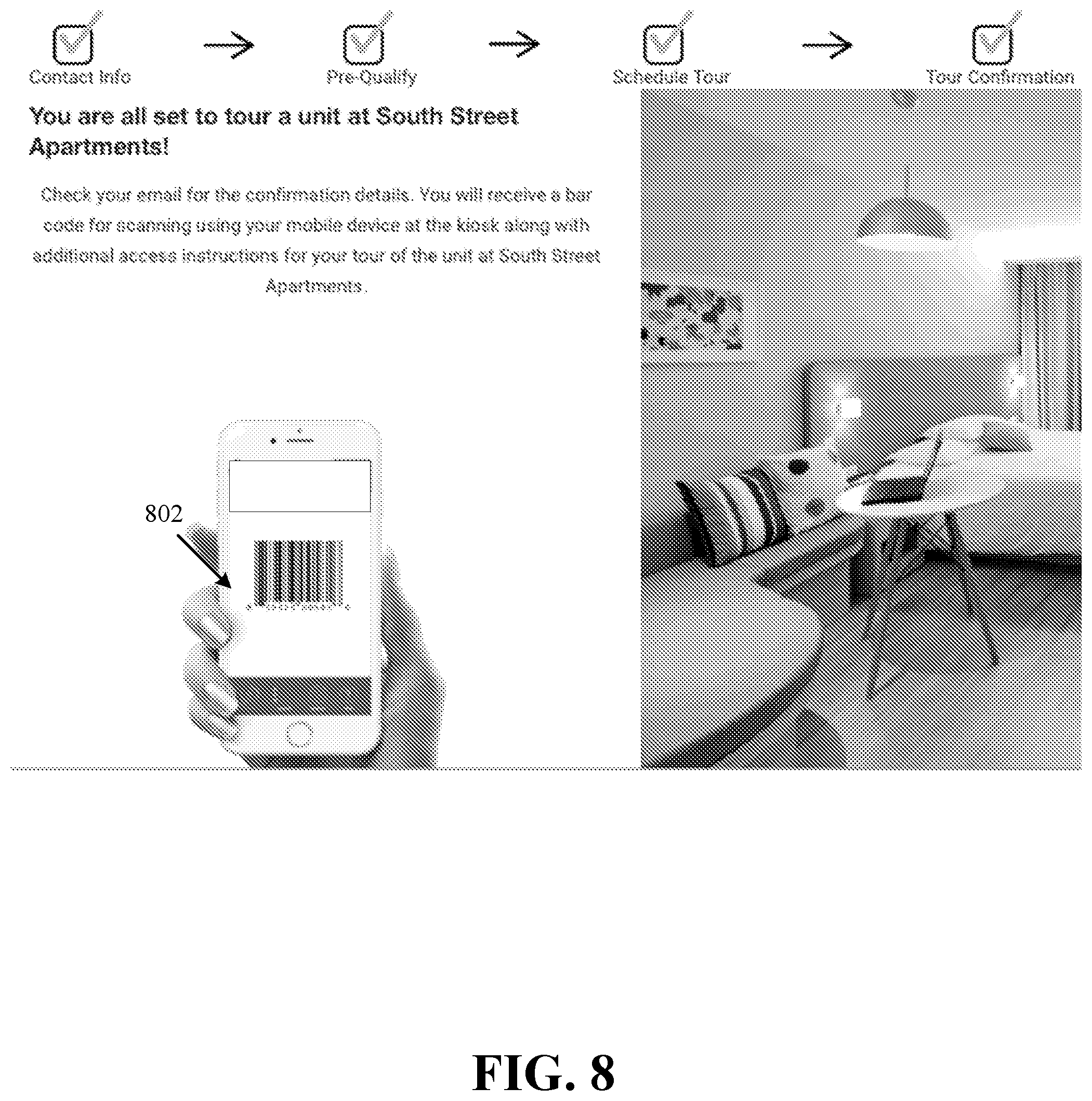 Patent US12147917 Figure 8 – Systems and methods for scheduling and performing self-guided tours of multi-unit residential facilities