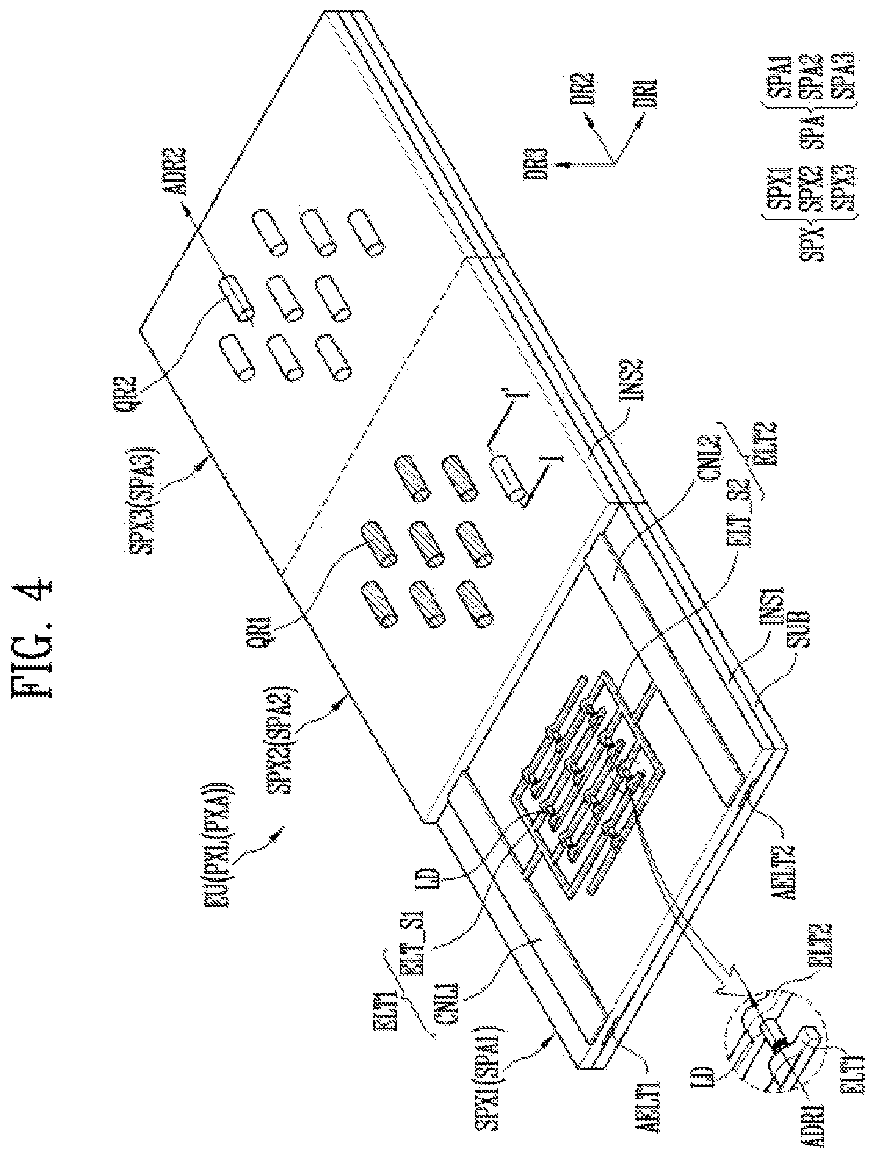 Patent US12155018 Figure 4 – Light-emitting device and display device including rod shaped light emitting elements and color conversion elements