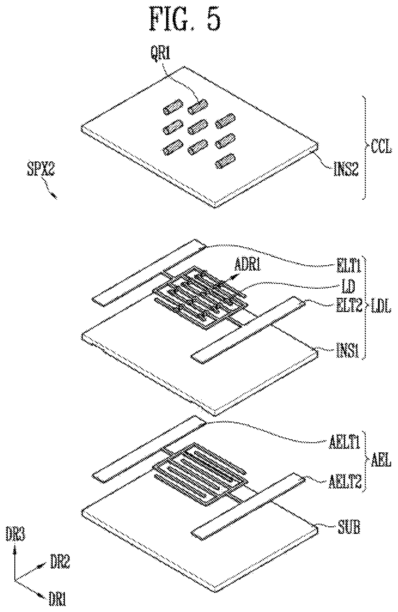 Patent US12155018 Figure 5 – Light-emitting device and display device including rod shaped light emitting elements and color conversion elements