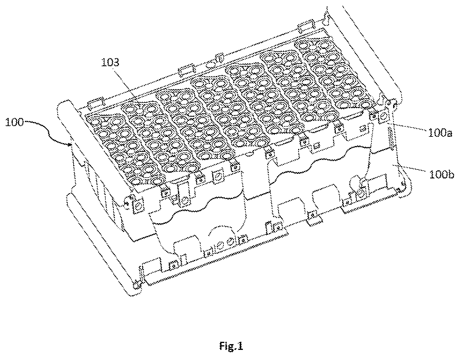 Patent US12155077 — Interconnecting structure for energy storage cells in an energy storage device — Figure 1