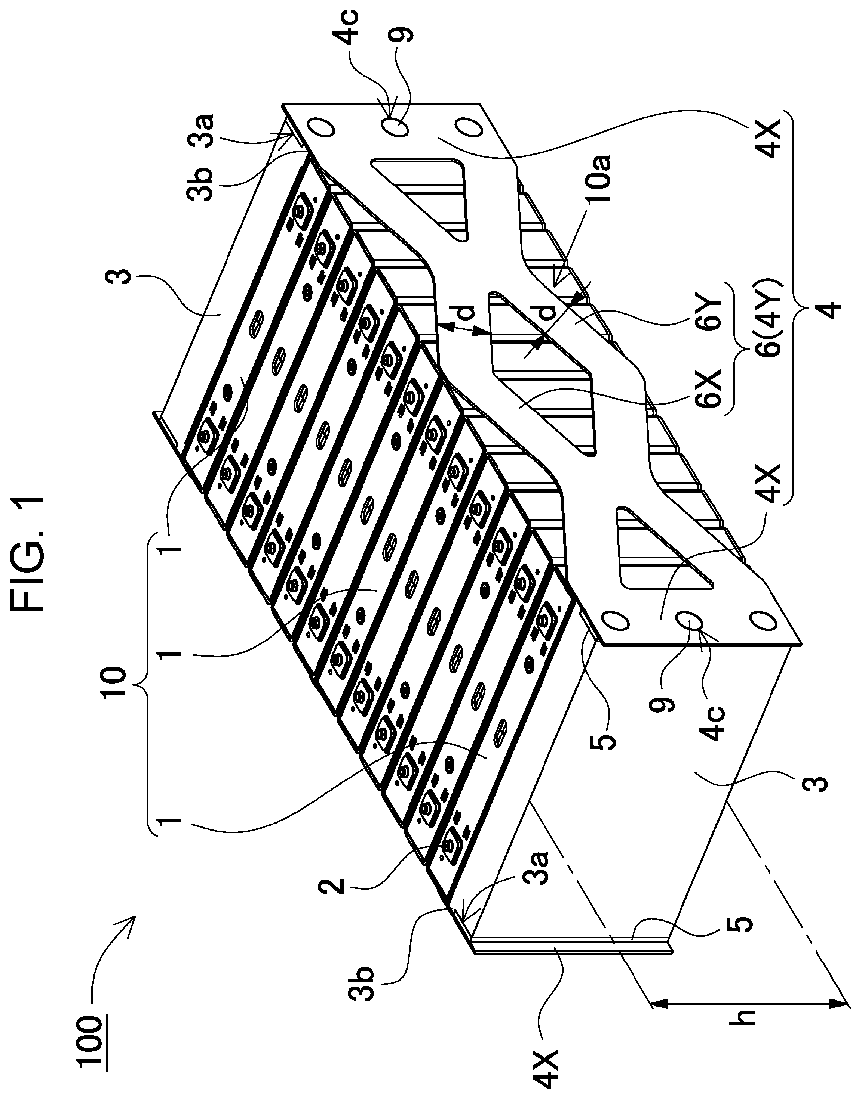 Patent US12155081 Figure 1 – Power supply device, electric vehicle and power storage device provided with said power supply device, and fastening member for power supply device