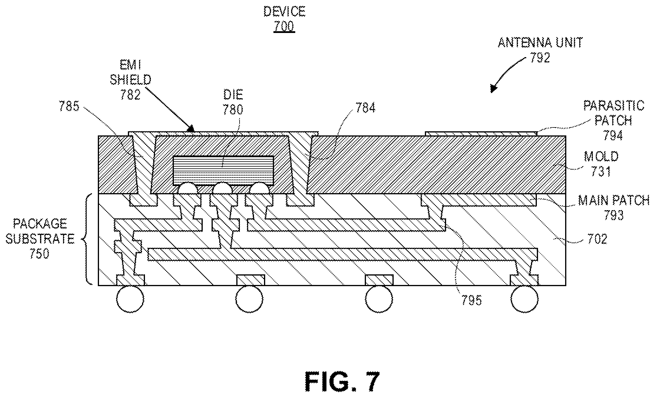 Patent US12155133 Figure 8 – Microelectronic devices designed with mold patterning to create package-level components for high frequency communication systems