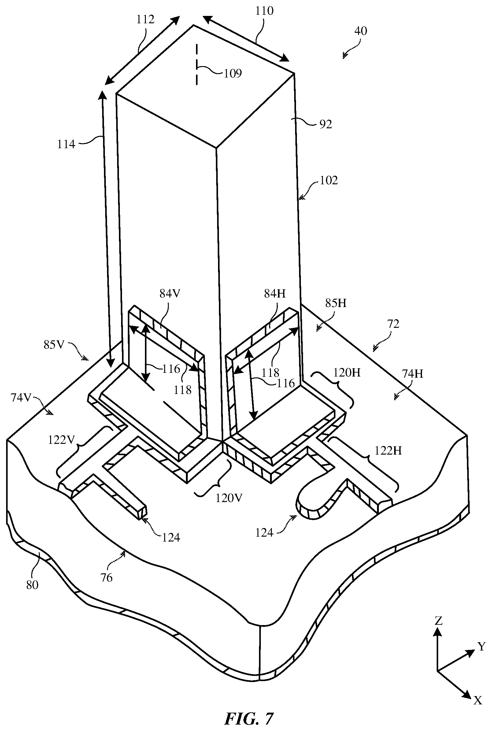 Patent US12155134 Figure 7 – Electronic devices having dielectric resonator antennas with parasitic patches