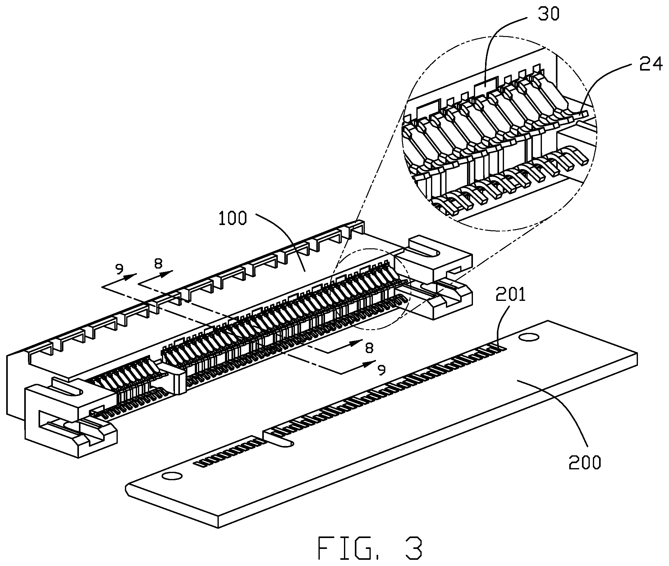 Patent US12155138 Figure 3 – Card edge connector with improved terminal pattern