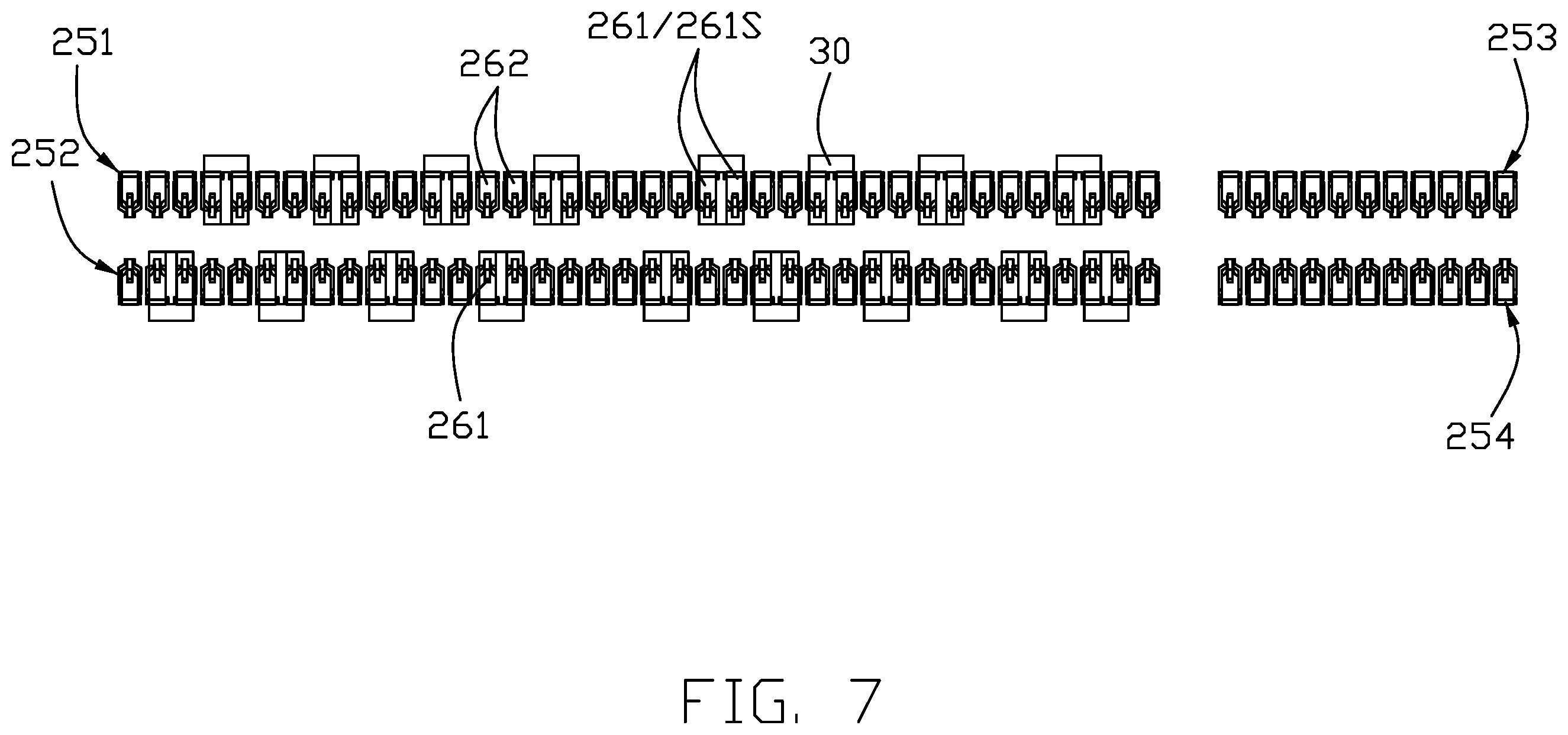 Patent US12155138 Figure 7 – Card edge connector with improved terminal pattern
