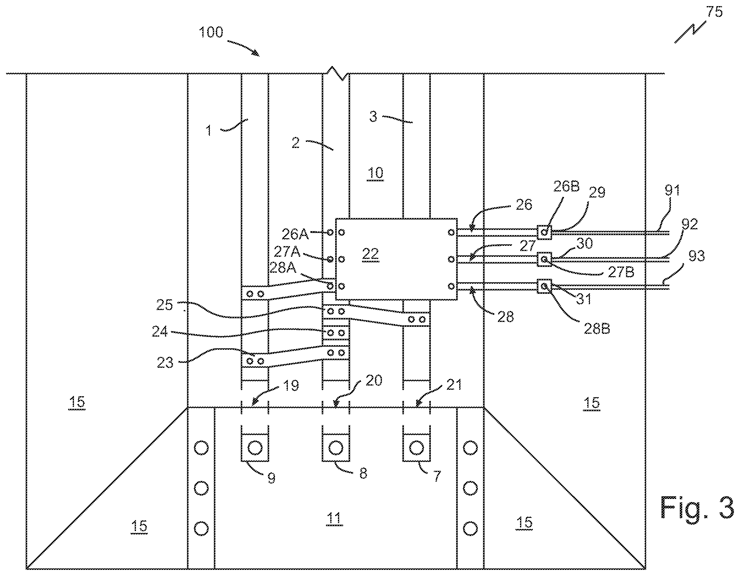 Patent US12155182 Figure 3 – Electrical equipment with additional compartment and wiring to account for temperature limitations of connected conductors