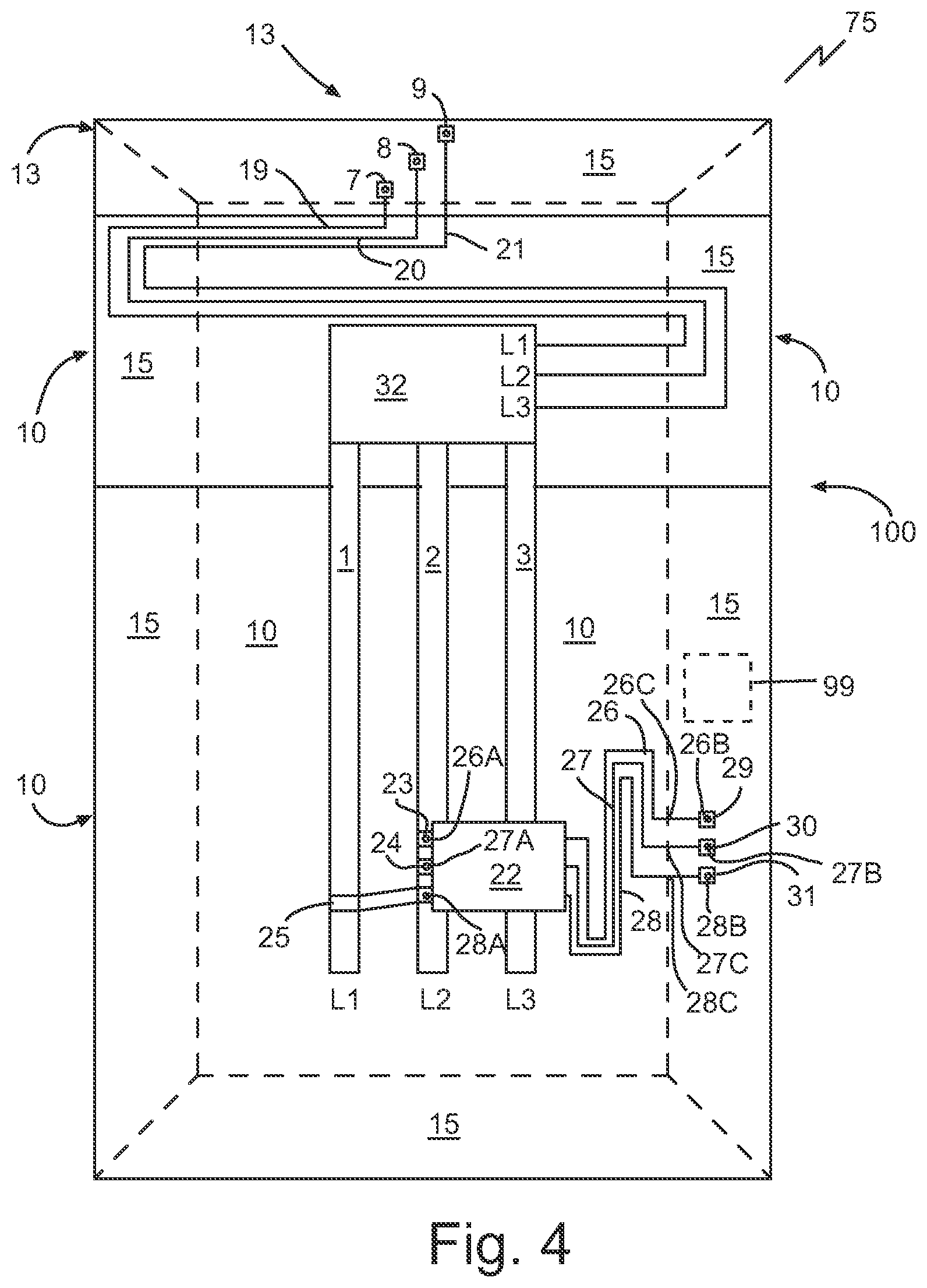 Patent US12155182 Figure 4 – Electrical equipment with additional compartment and wiring to account for temperature limitations of connected conductors