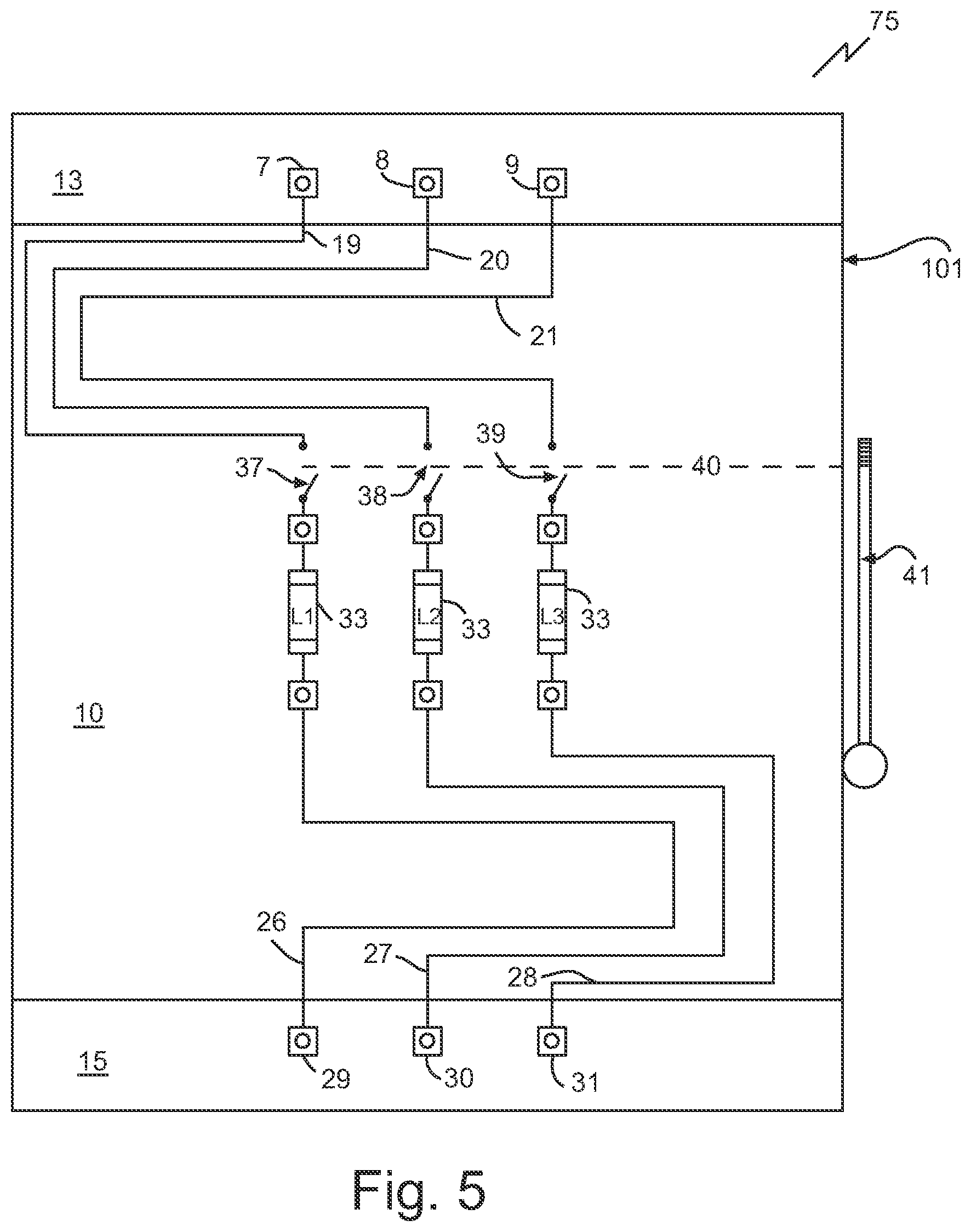 Patent US12155182 Figure 6 – Electrical equipment with additional compartment and wiring to account for temperature limitations of connected conductors