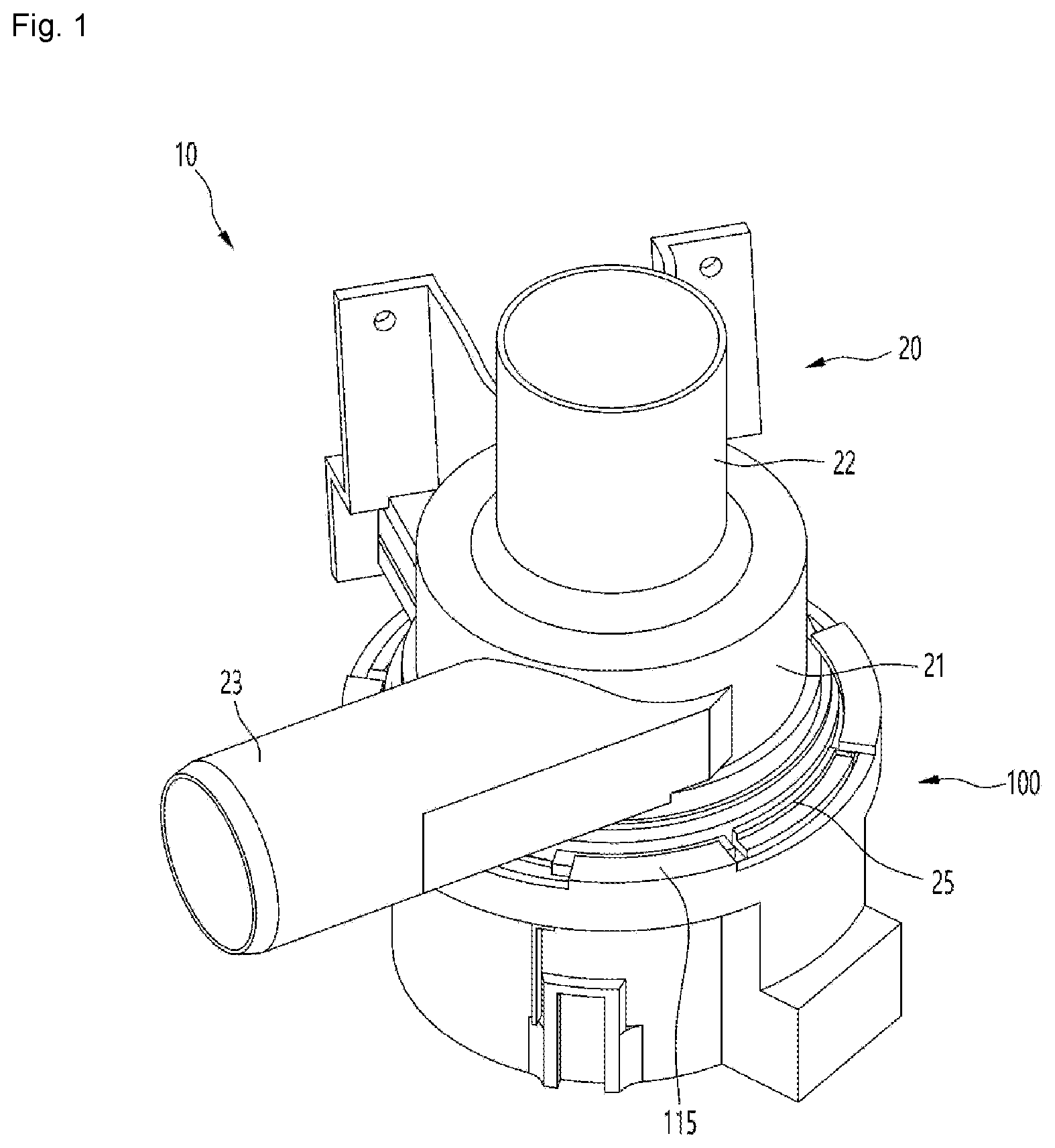 Patent US12155272 Figure 1 – Motor and drain pump with fixing structure between the rotor shaft