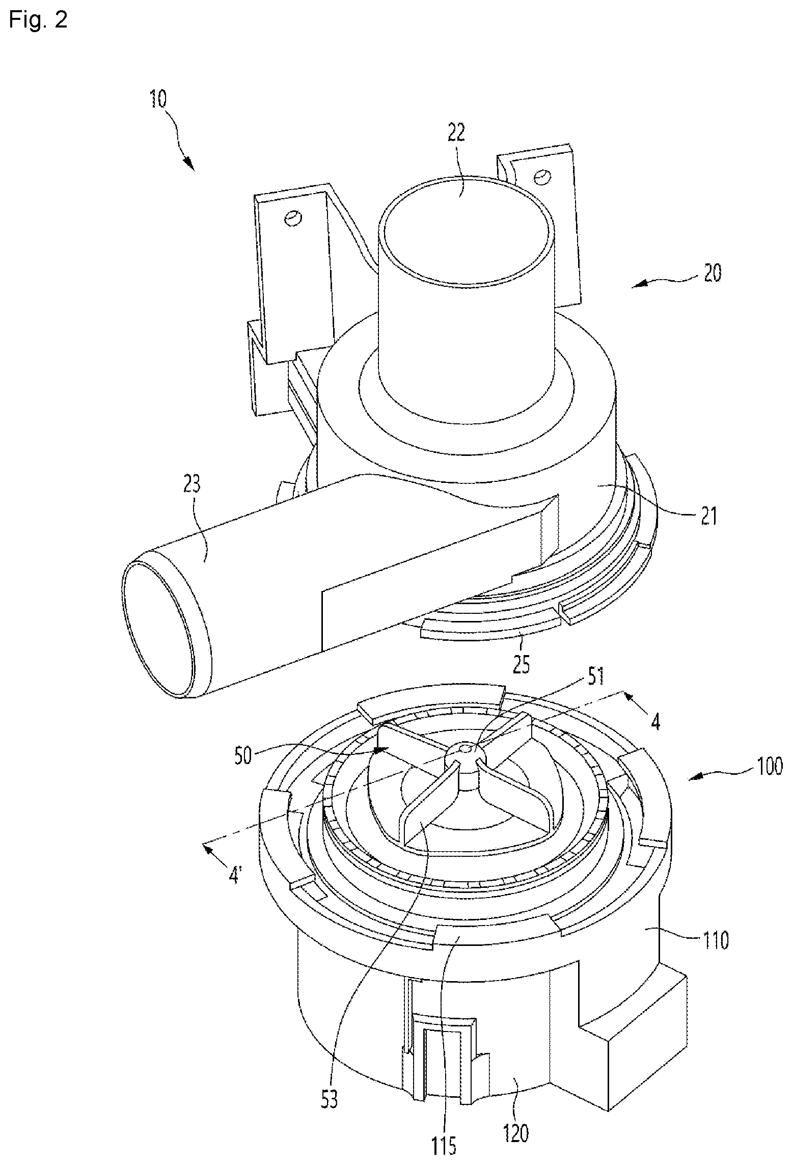 Patent US12155272 Figure 2 – Motor and drain pump with fixing structure between the rotor shaft
