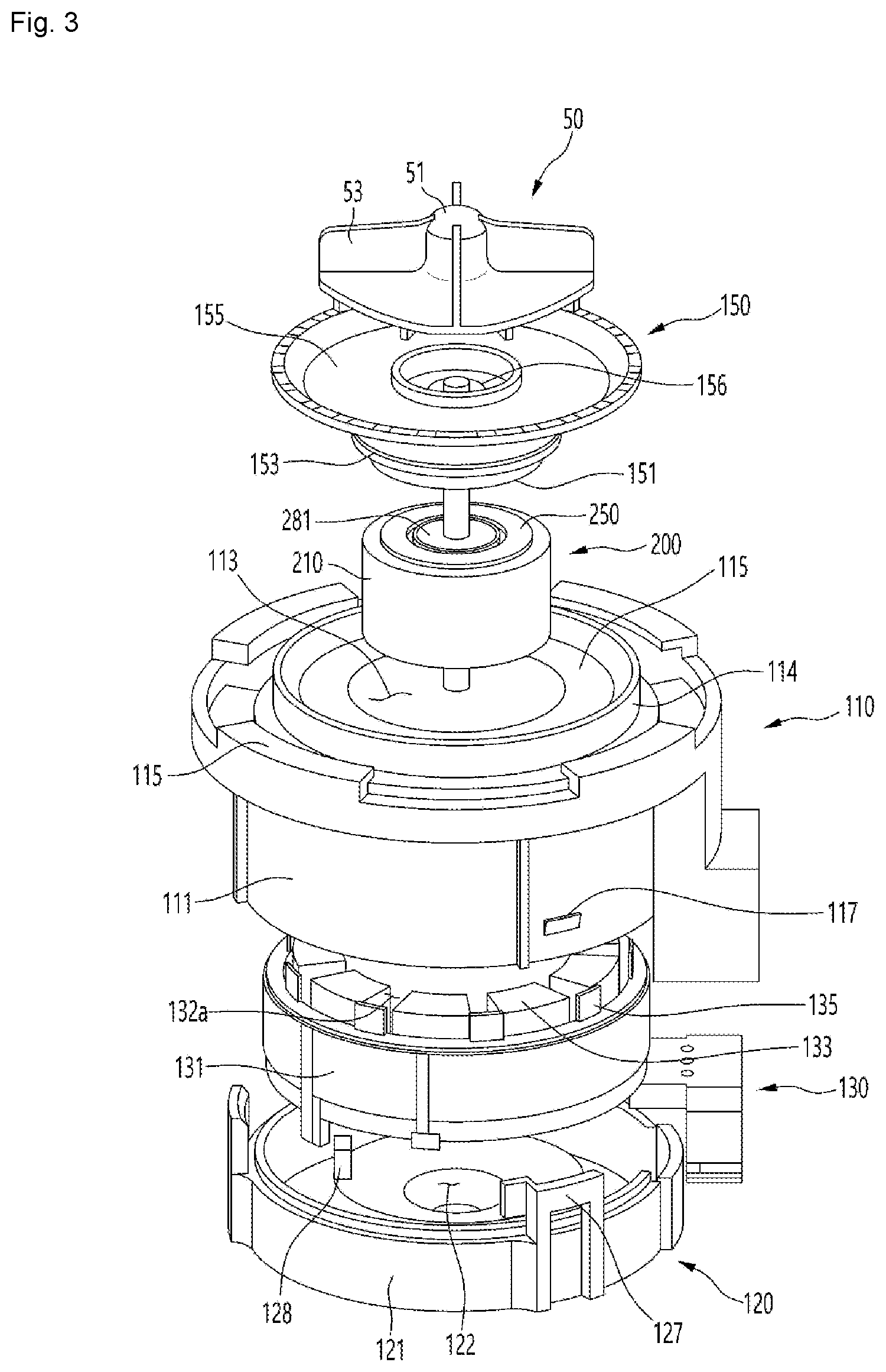 Patent US12155272 Figure 3 – Motor and drain pump with fixing structure between the rotor shaft