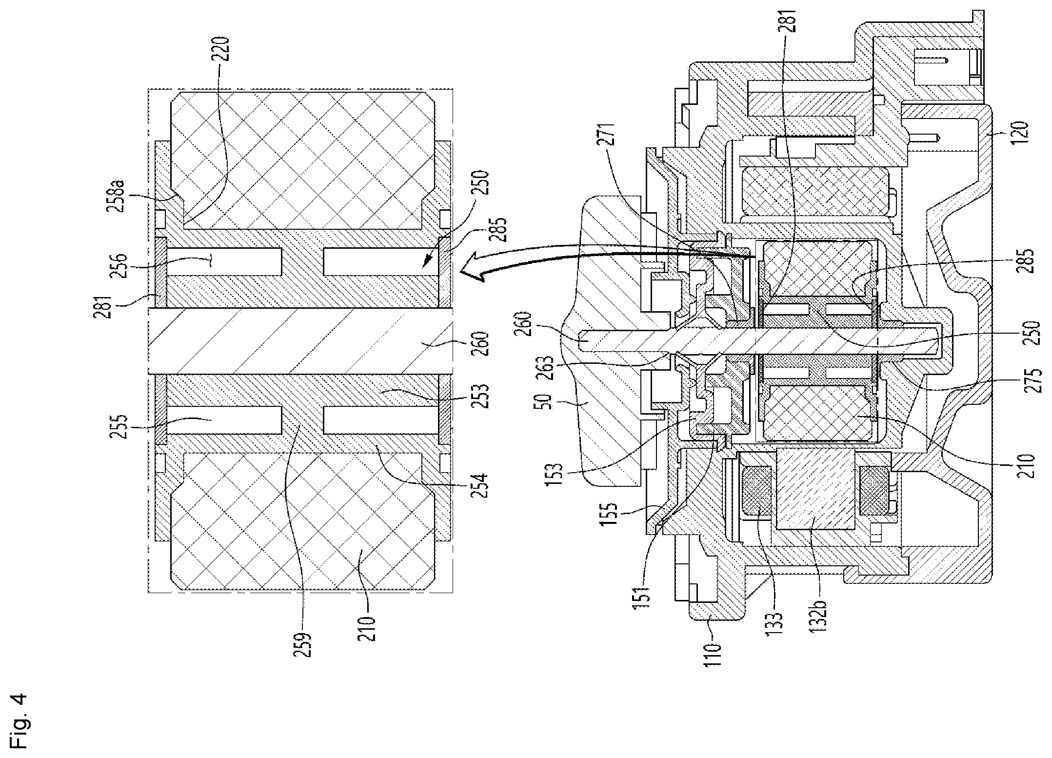 Patent US12155272 Figure 4 – Motor and drain pump with fixing structure between the rotor shaft