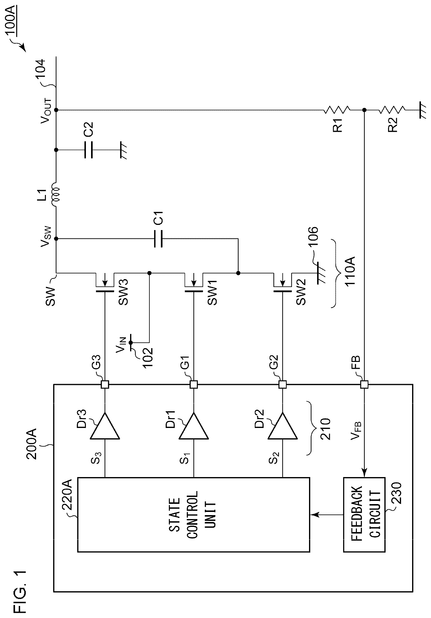 Patent US12155303 Figure 1 – Switching converter including controller circuit driving switches