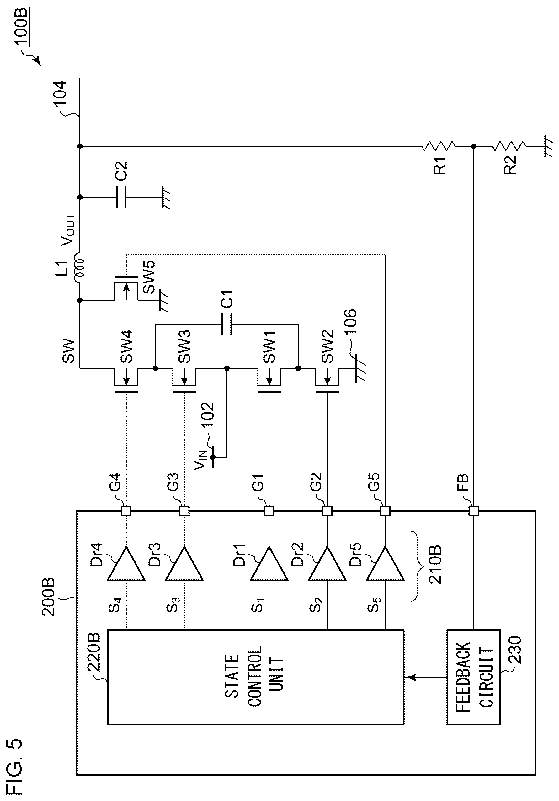 Patent US12155303 Figure 5 – Switching converter including controller circuit driving switches