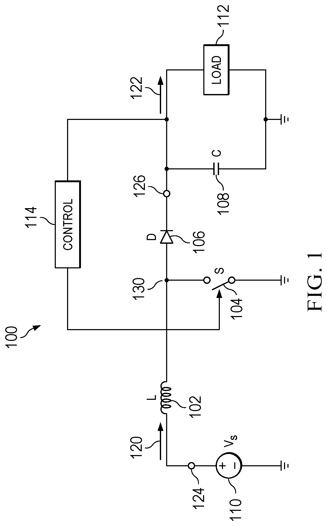 Patent US12155305 Figure 1 – Boost converter with wide average current limiting range