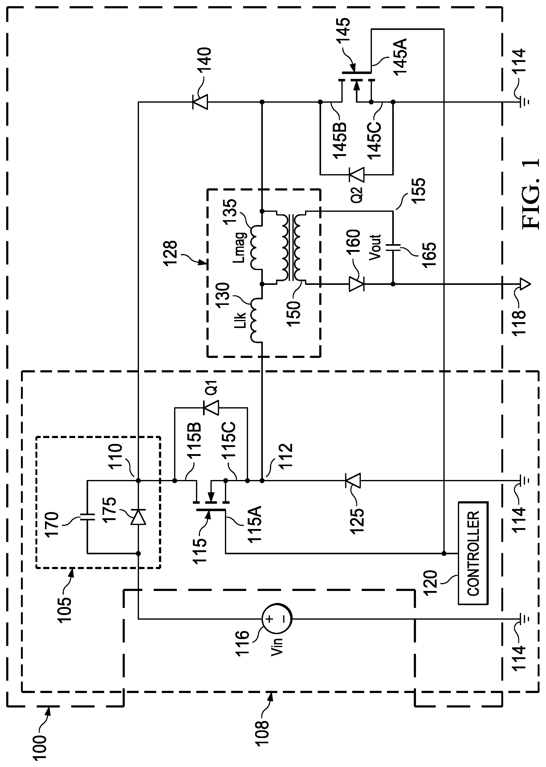 Patent US12155314 Figure 1 – Methods and apparatus to increase an operational range of a duty cycle of a two-switch flyback converter