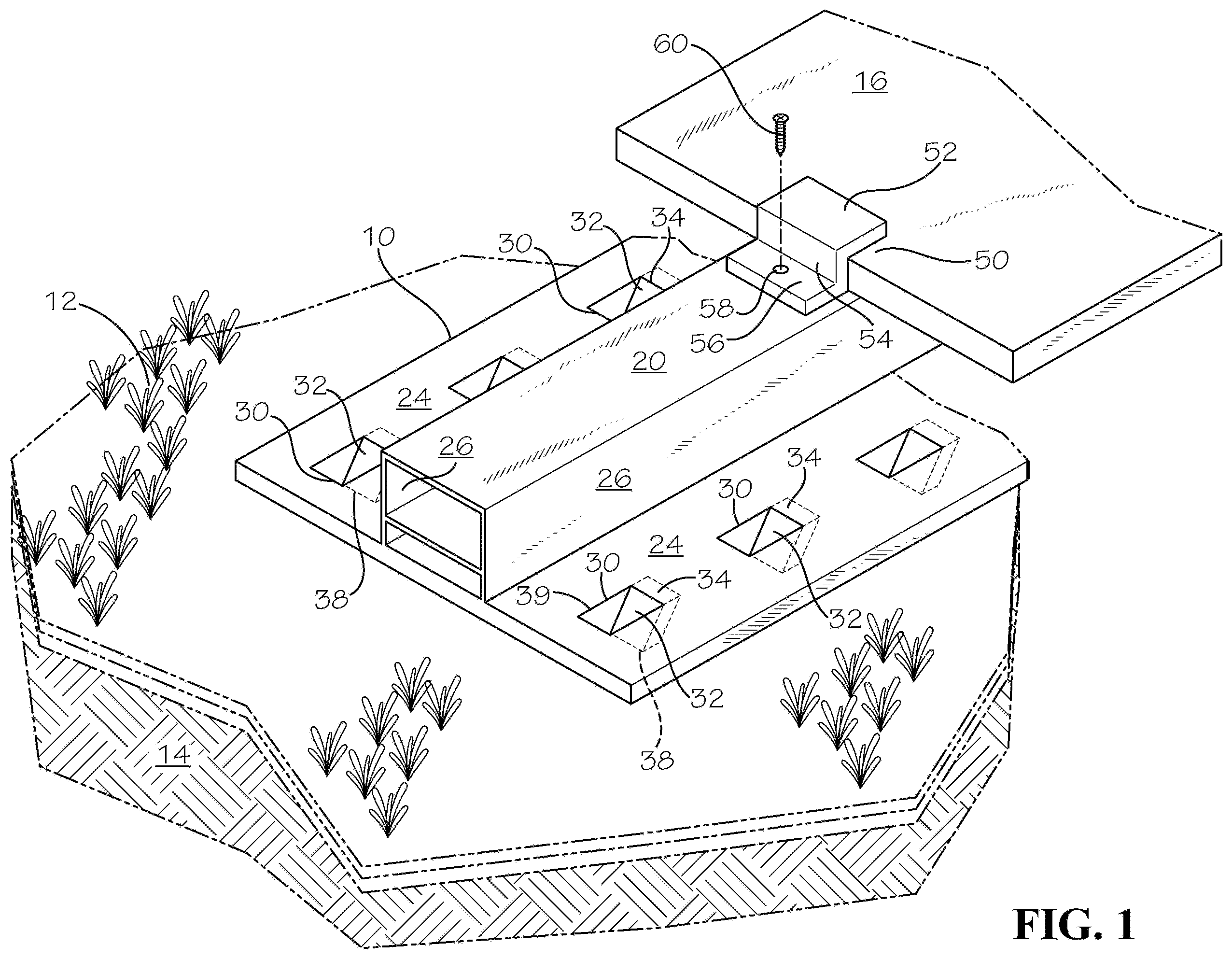 Patent US12155342 Figure 1 – Rail friction strip for mechanically engaging tufted geotextile ground cover