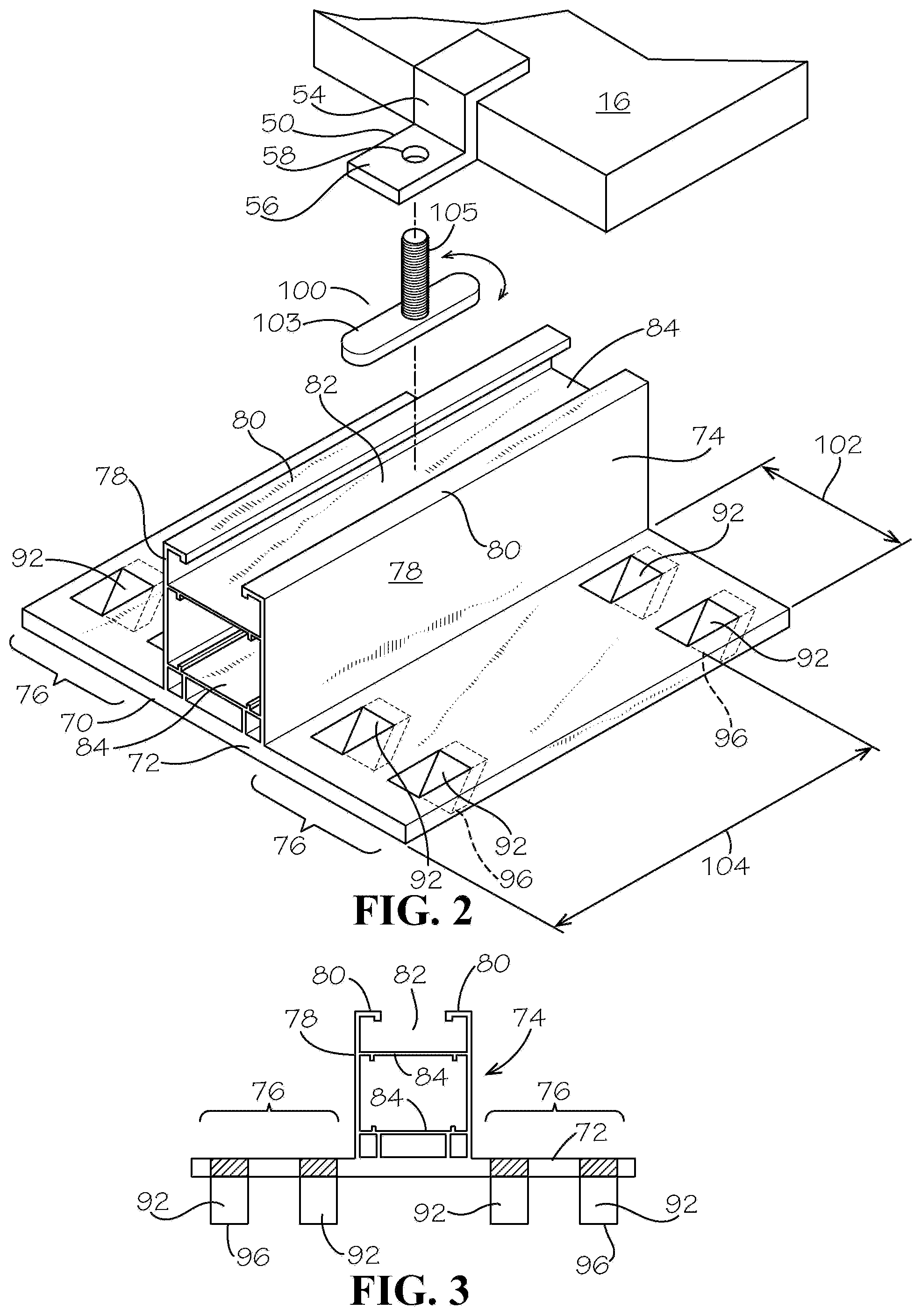 Patent US12155342 Figure 2 – Rail friction strip for mechanically engaging tufted geotextile ground cover