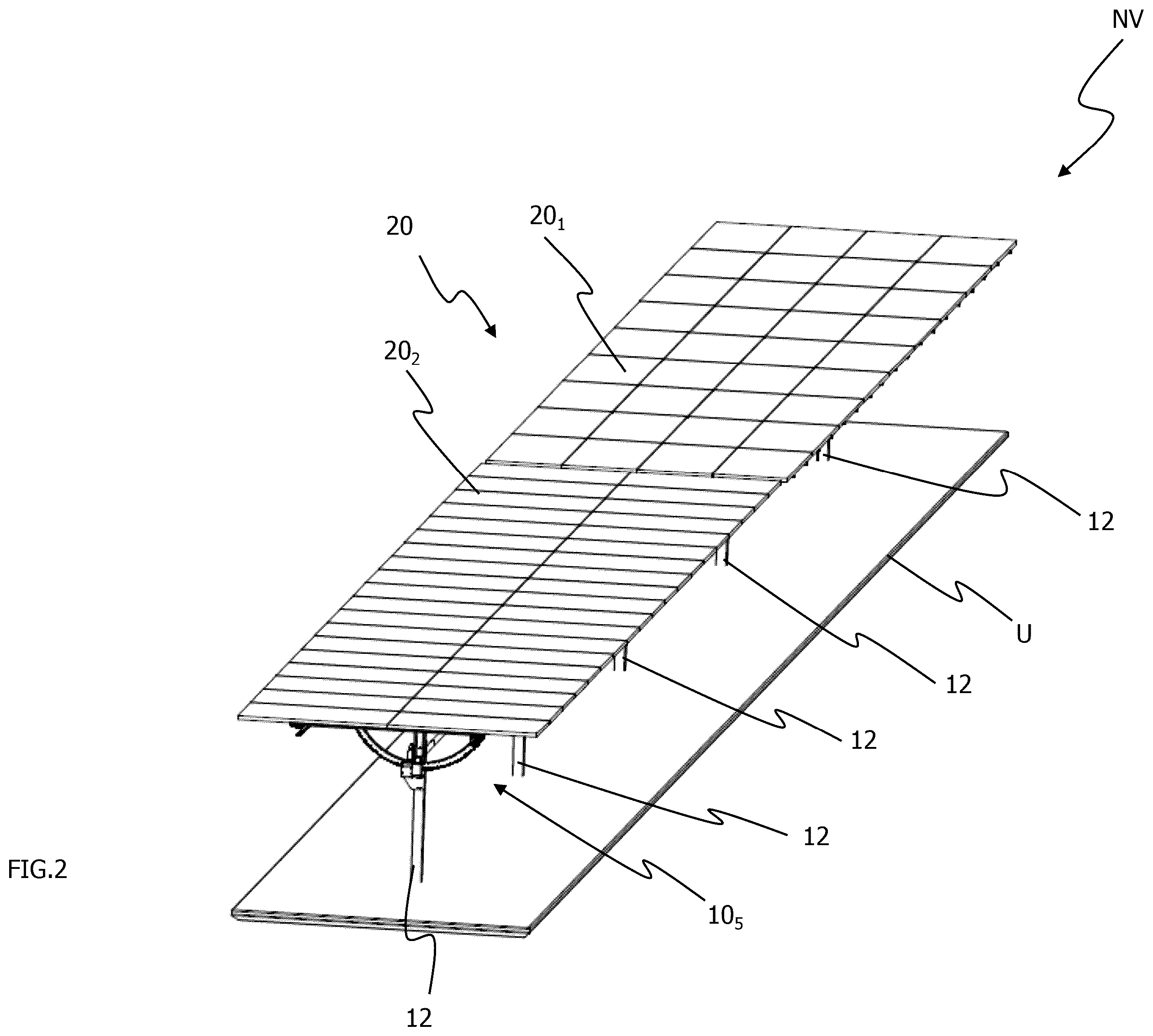 Patent US12155345 Figure 2 – Pivoting unit for a tracking apparatus for solar modules