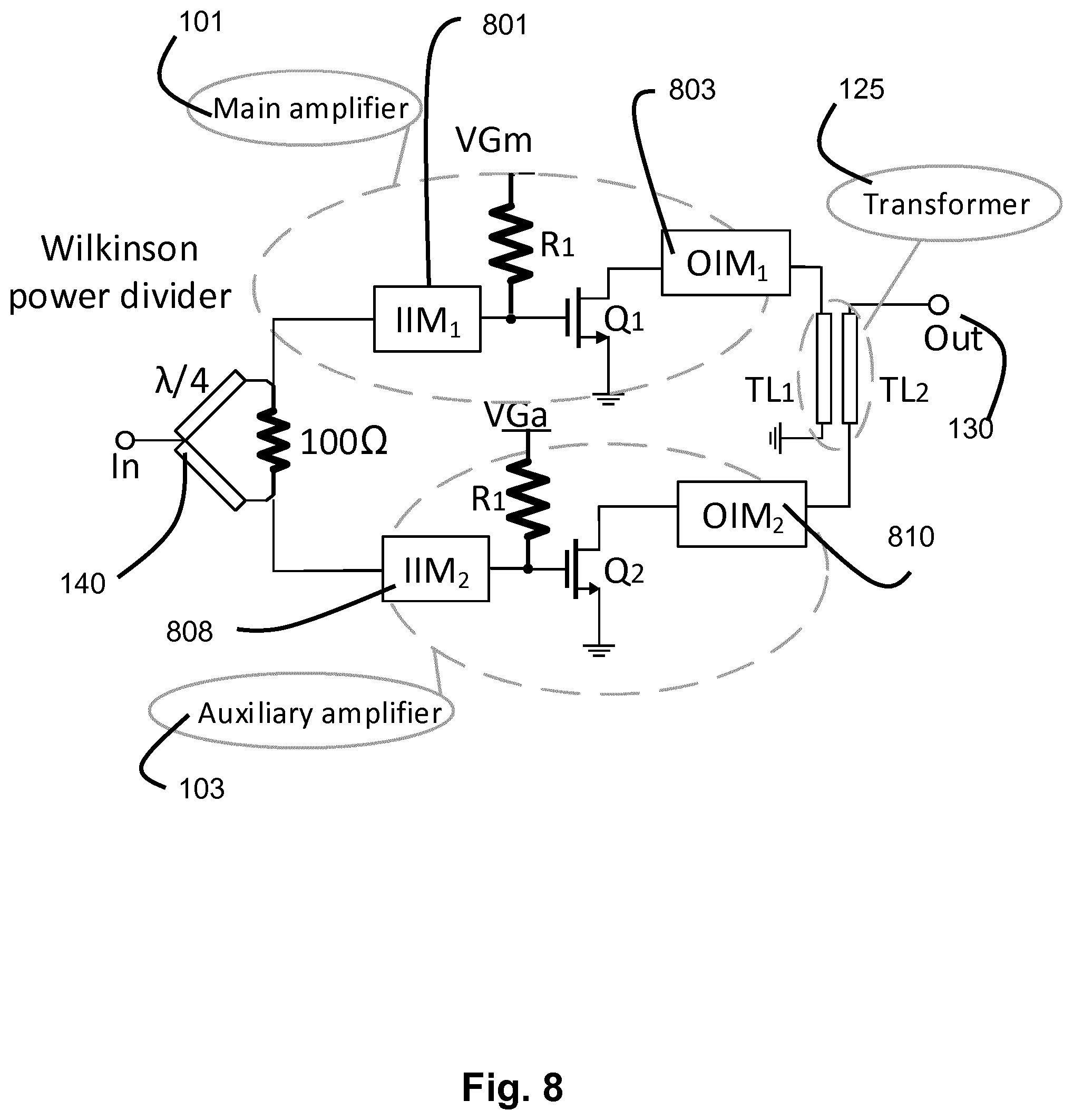 Patent US12155352 Figure 8 – Power amplifier arrangement