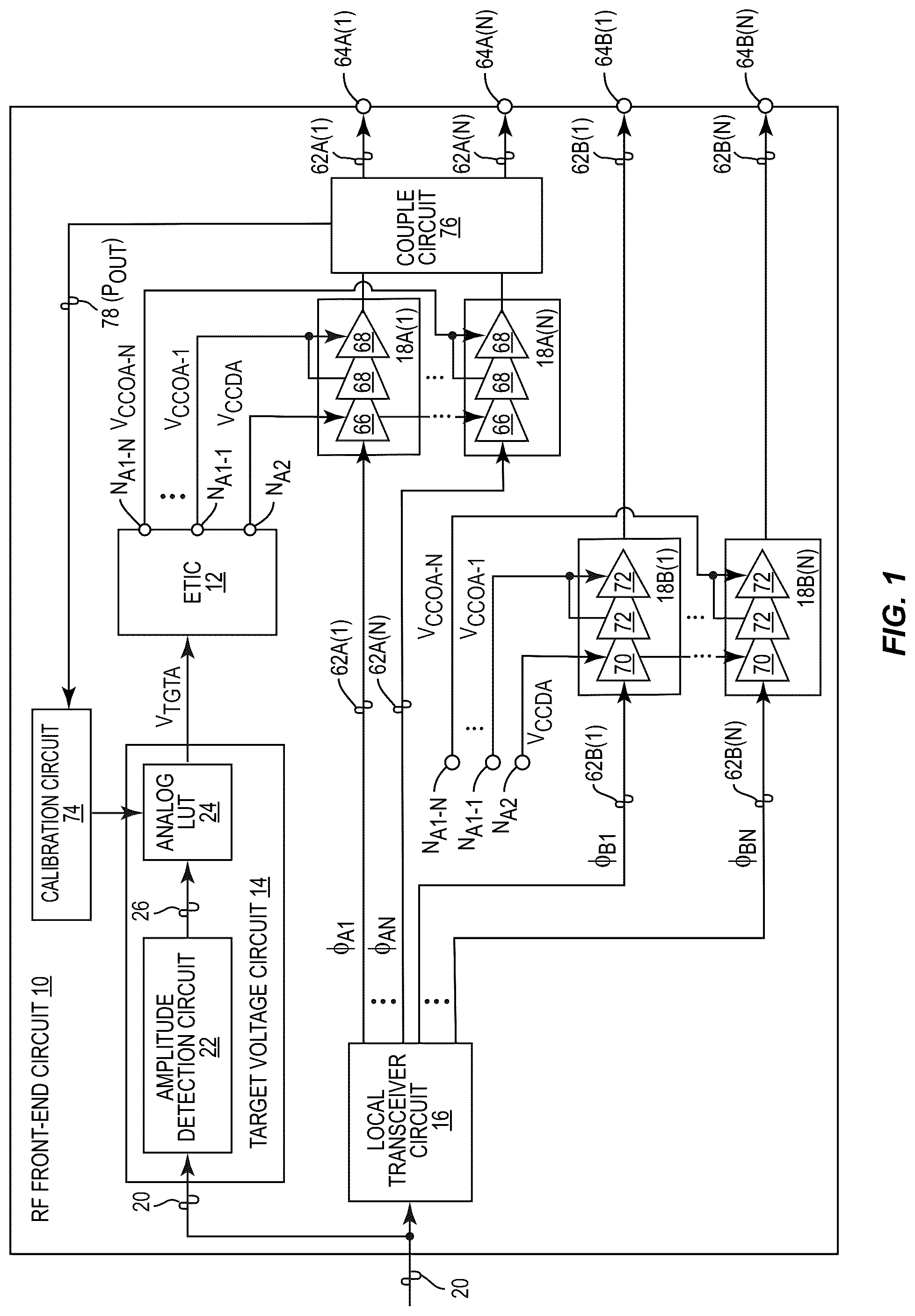 Patent US12155353 Figure 1 – Power amplifier with protection loops
