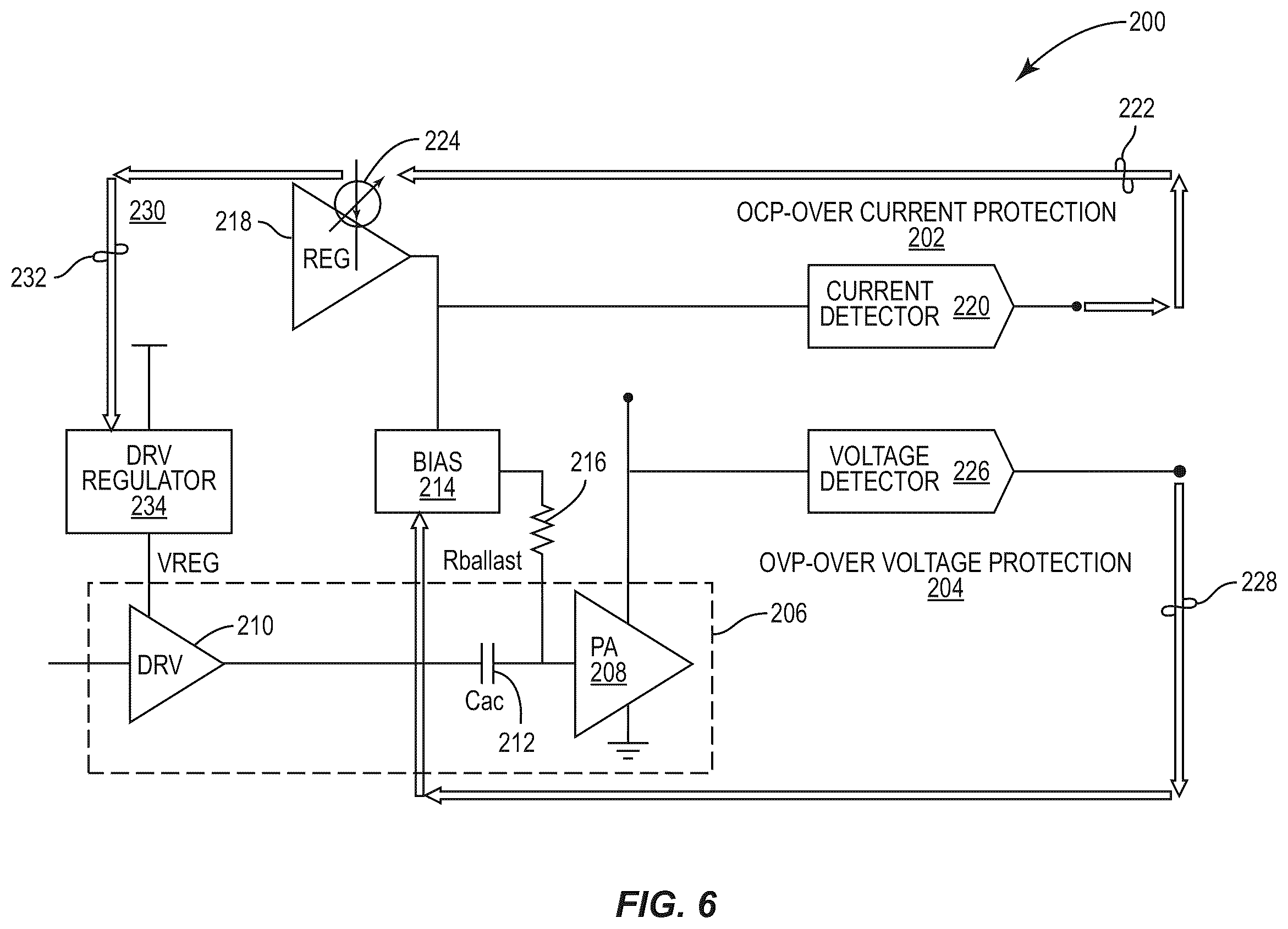 Patent US12155353 Figure 6 – Power amplifier with protection loops