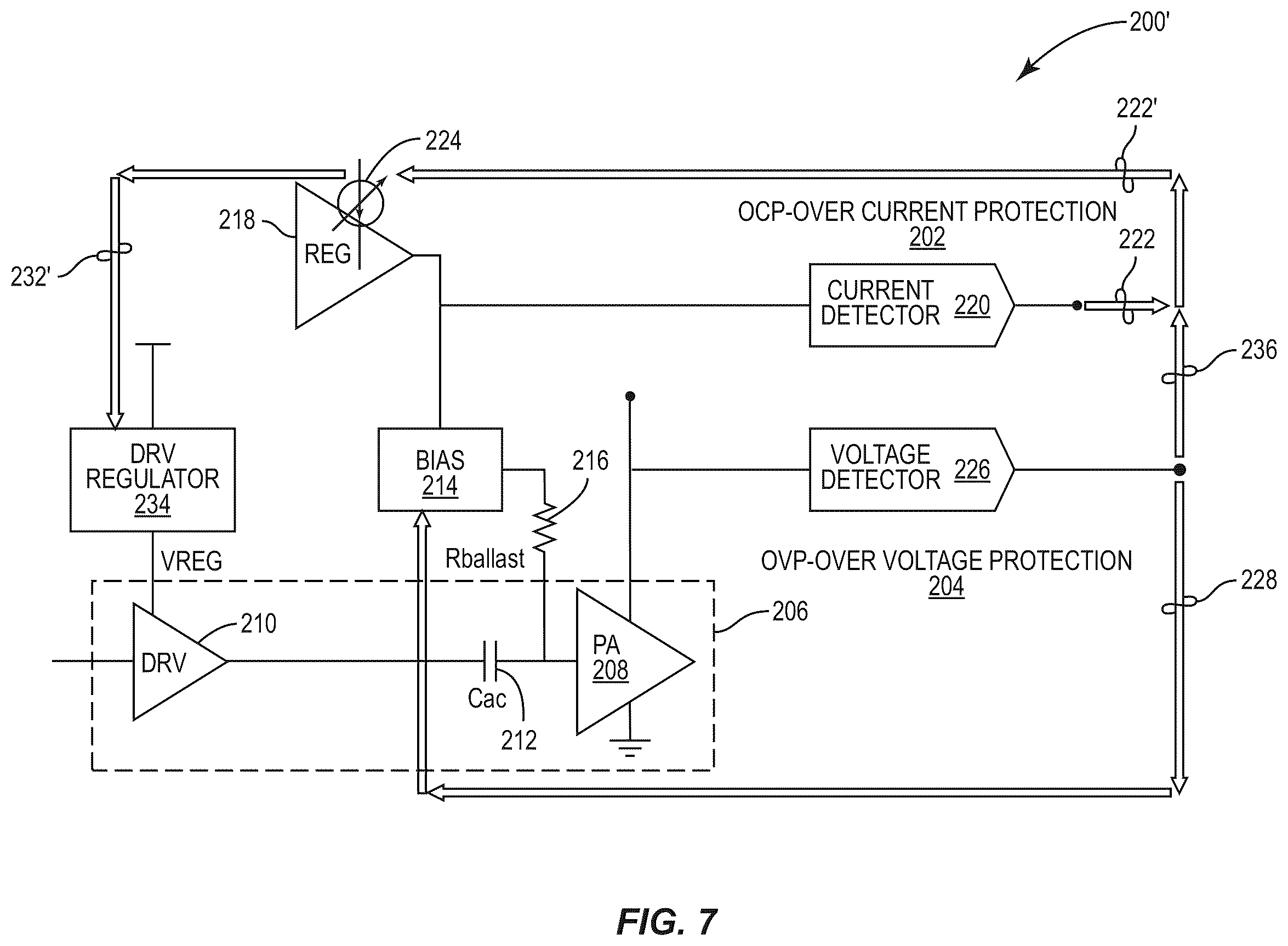 Patent US12155353 Figure 7 – Power amplifier with protection loops