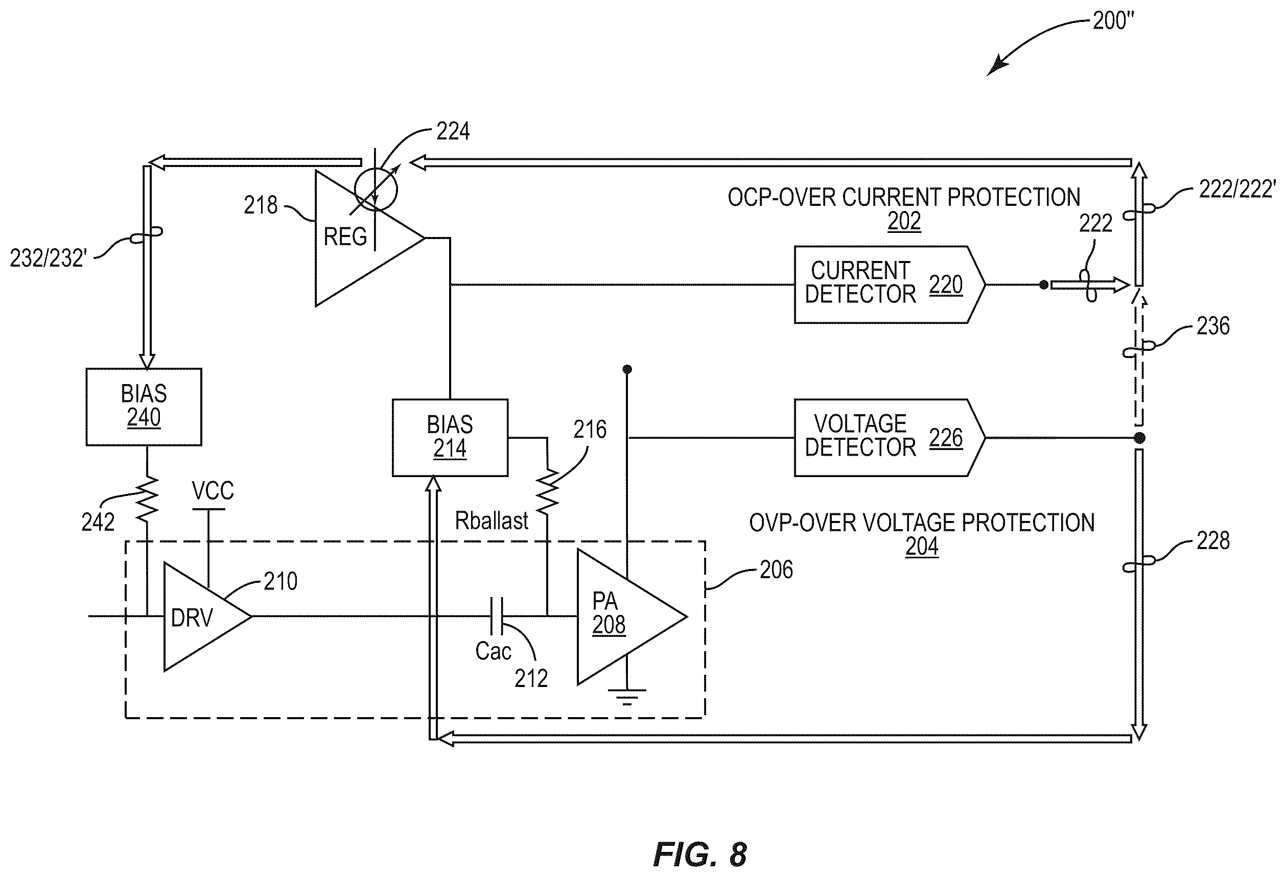 Patent US12155353 Figure 8 – Power amplifier with protection loops
