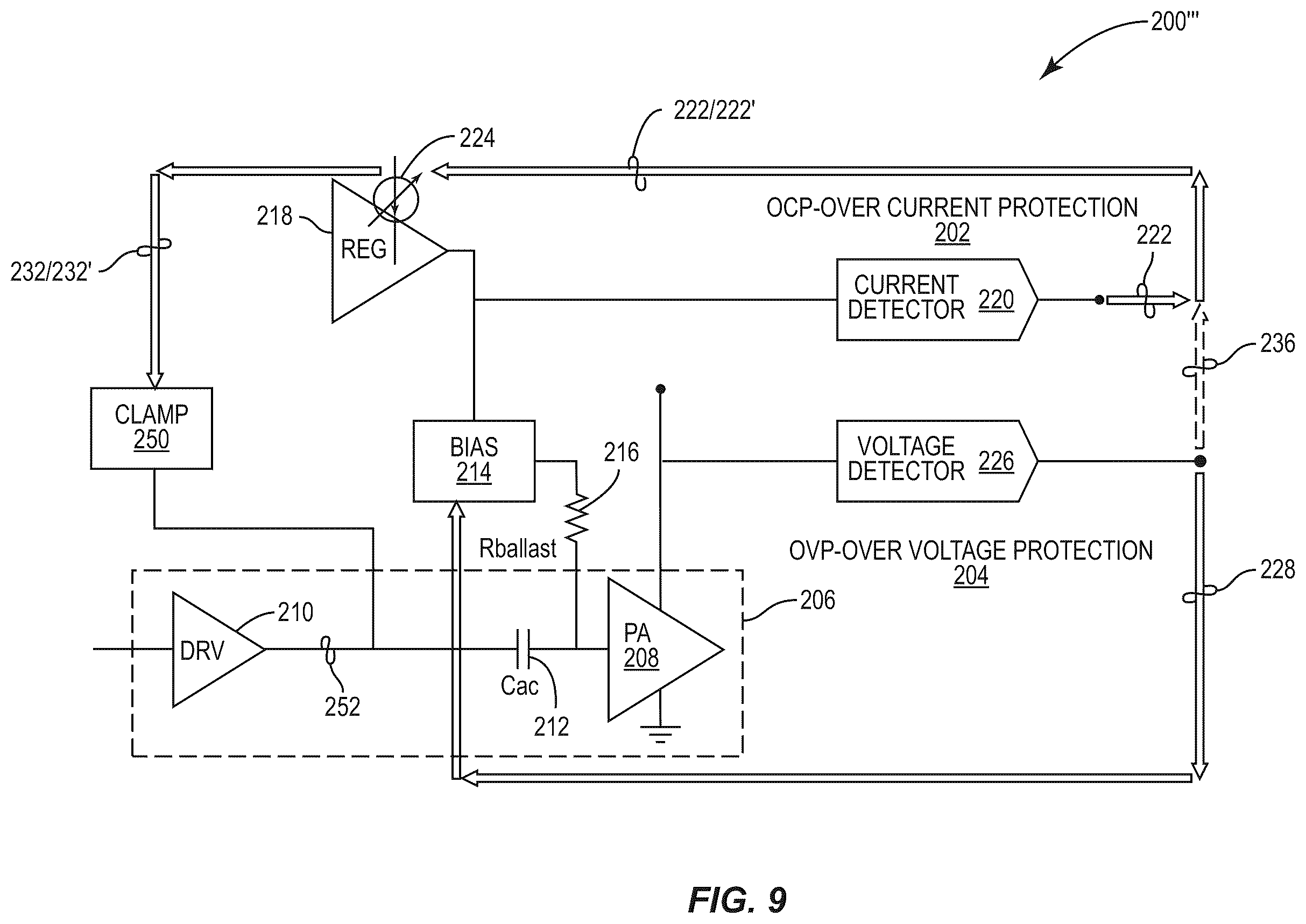 Patent US12155353 Figure 9 – Power amplifier with protection loops