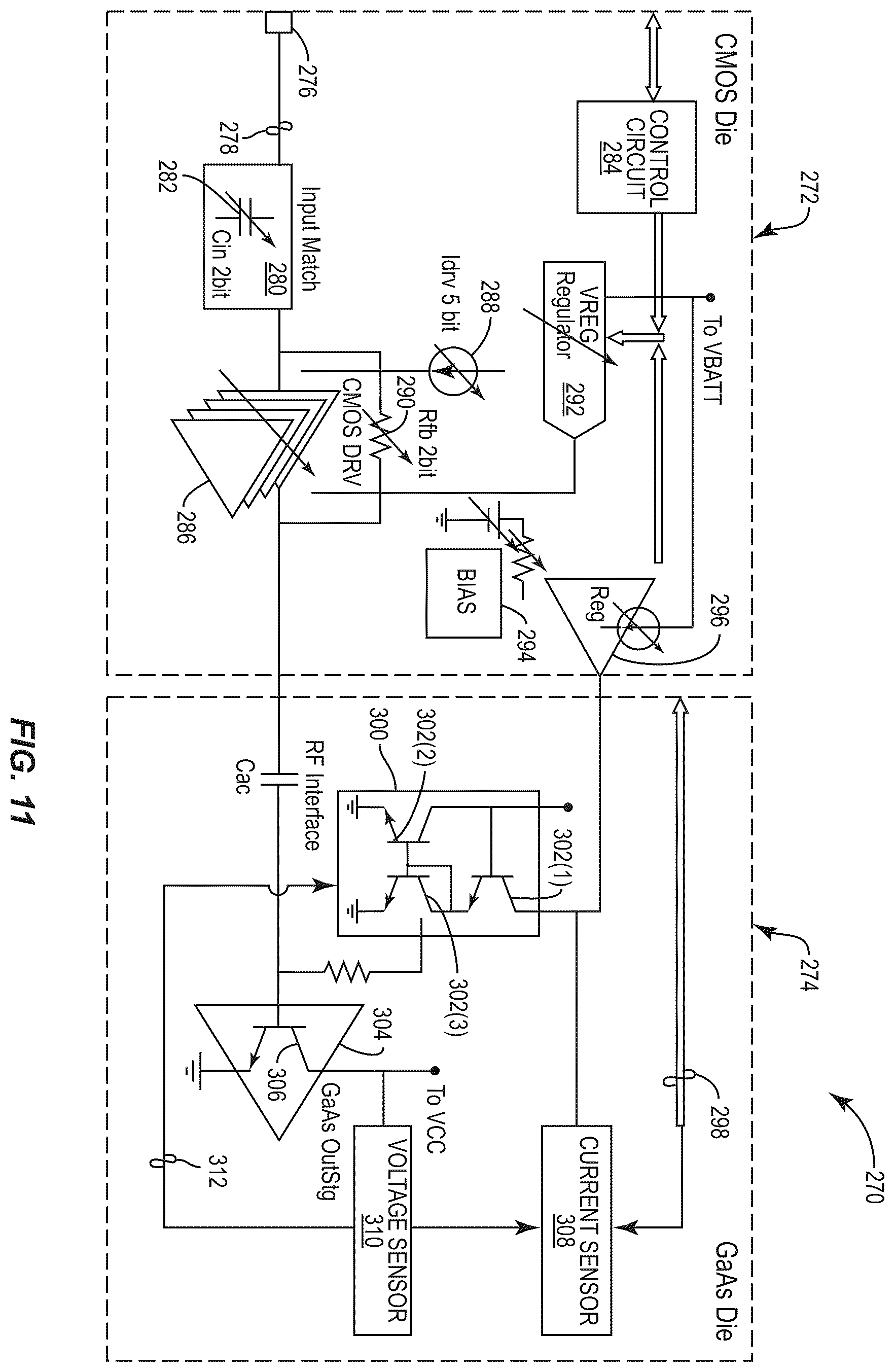 Patent US12155353 Figure 11 – Power amplifier with protection loops