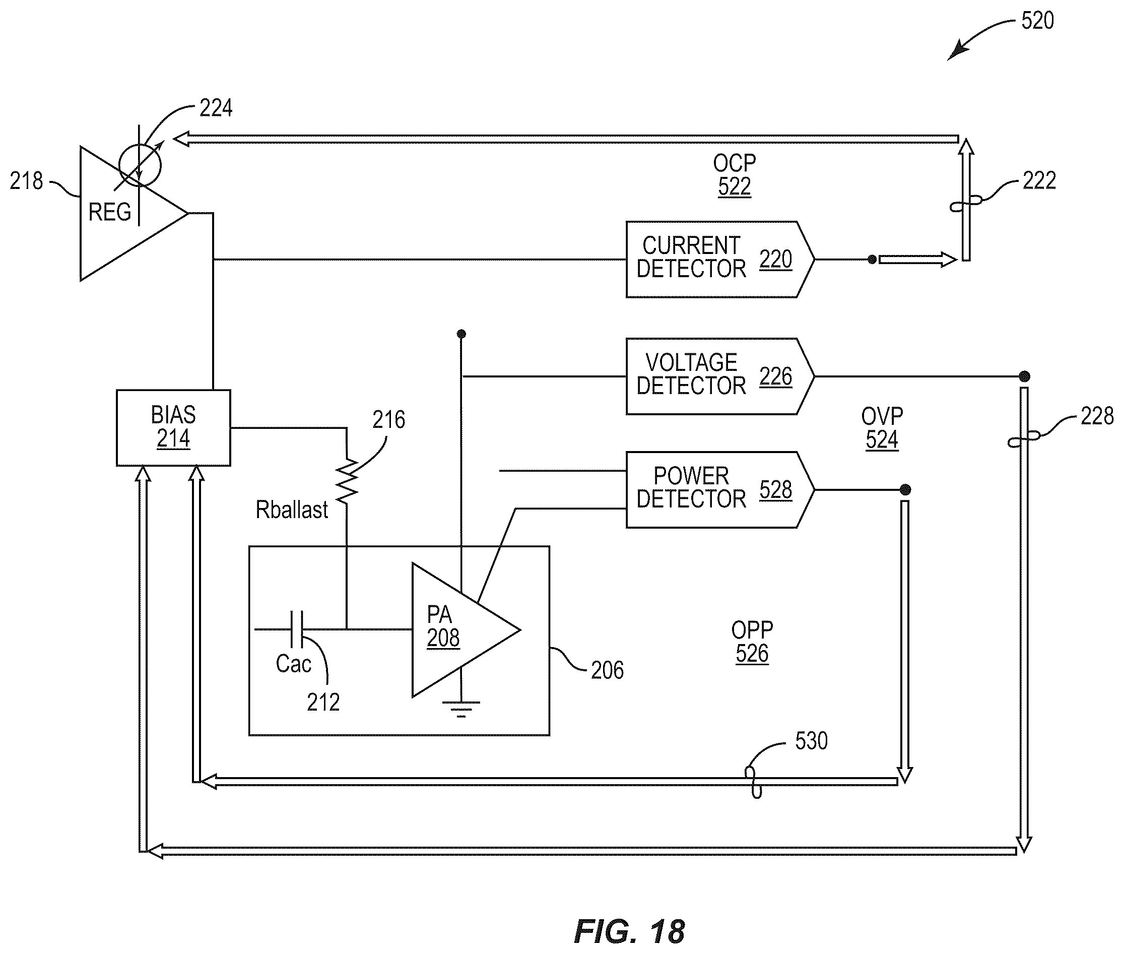 Patent US12155353 Figure 18 – Power amplifier with protection loops