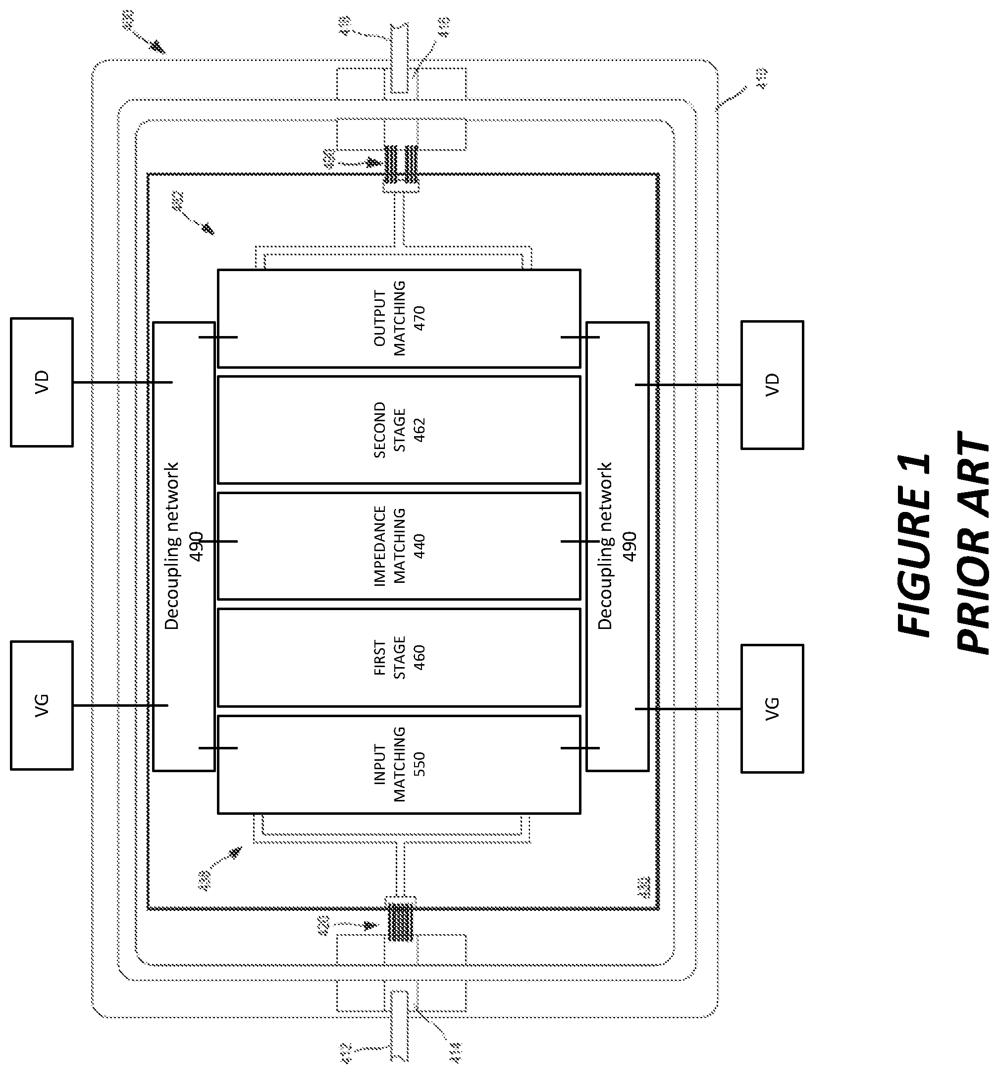 Patent US12155356 — Monolithic microwave integrated circuit device with internal decoupling capacitor — Figure 1
